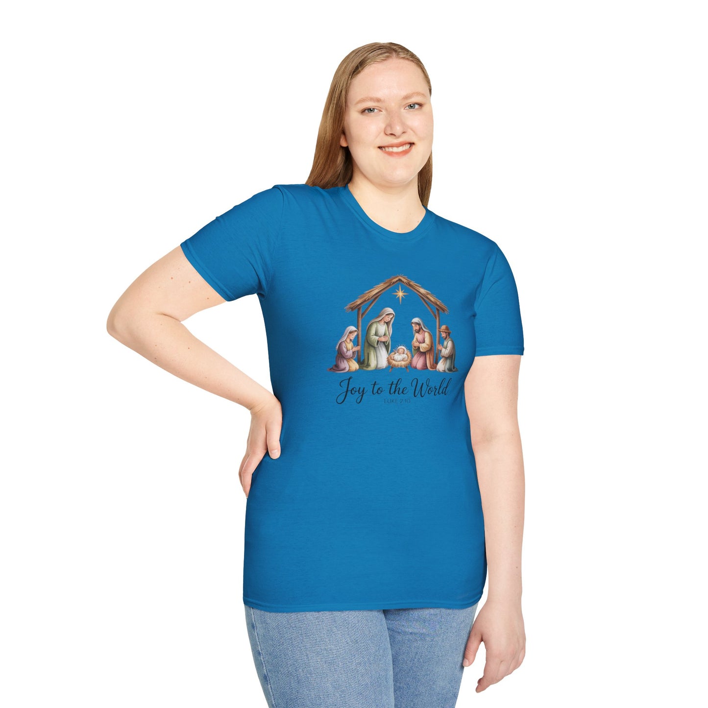 Joy to the World Nativity T-Shirt – Luke 2:10 Christmas Shirt with Holy Family, Christian Holiday Tee