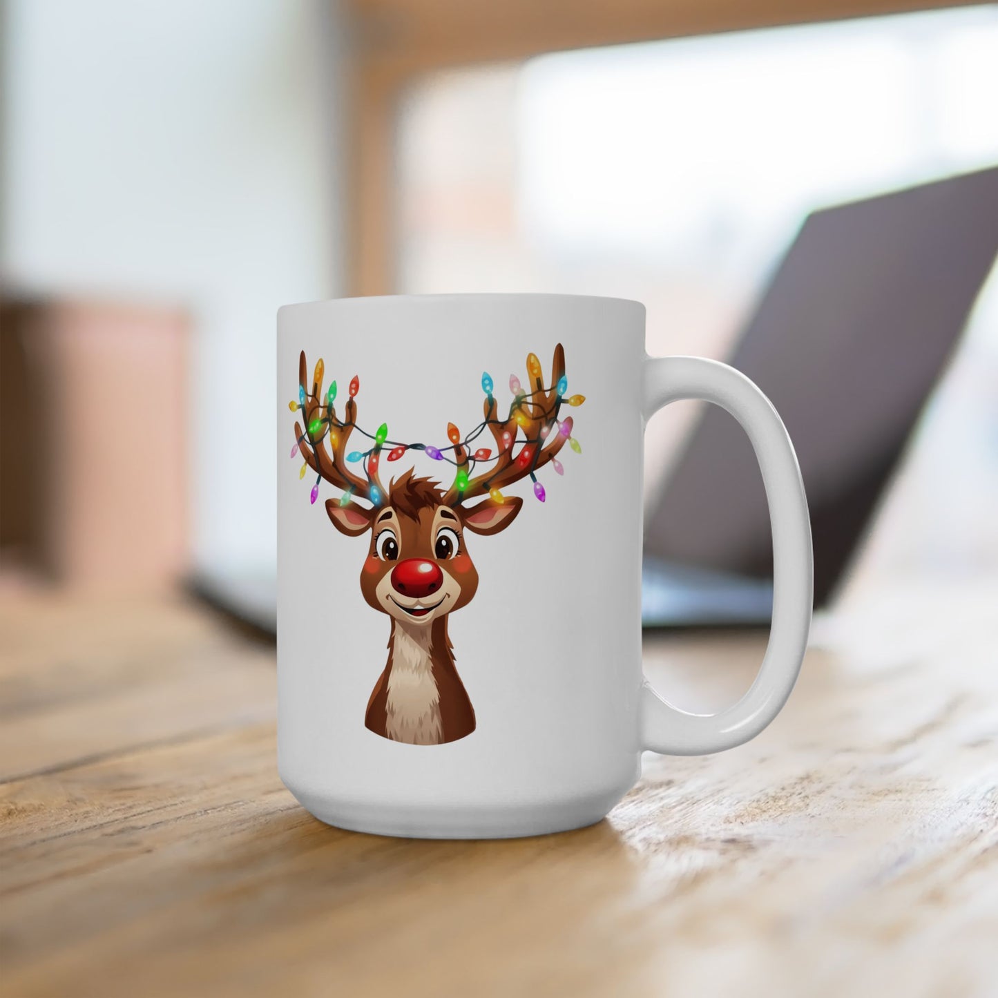 Reindeer Christmas Lights Mug – Cute Holiday Coffee Cup, Festive Reindeer Ceramic Mug, Christmas Gift Idea (11oz/15oz)