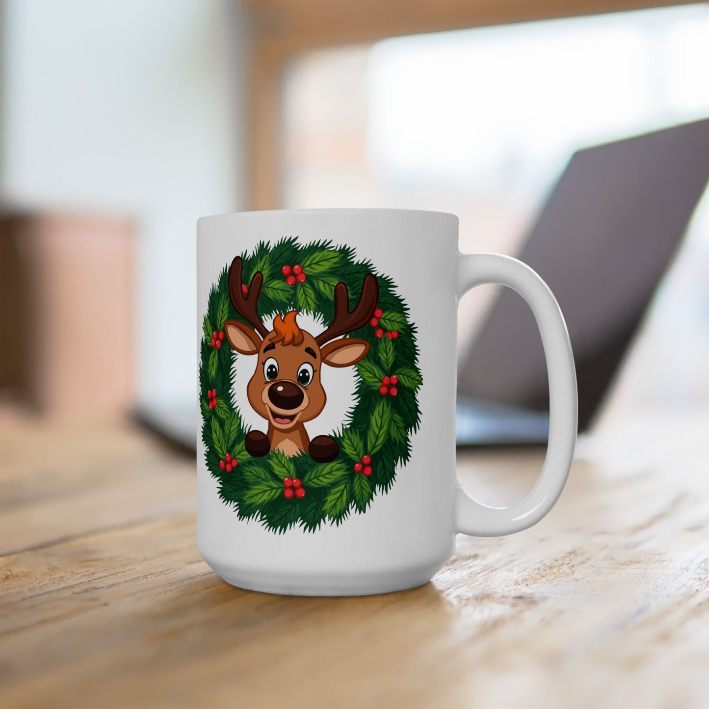 Reindeer in the Wreath Mug – Cute Holiday Coffee Cup, Festive Reindeer Ceramic Mug, Christmas Gift Idea (11oz/15oz)