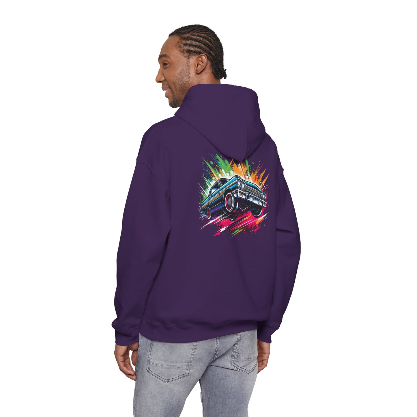 Chevy Impala Hydraulics Lowrider Colorful Drawing Graphic Hoodie - Old School Hip Hop Cholo Art Design - Chicano Car Club Graphic Hoodie