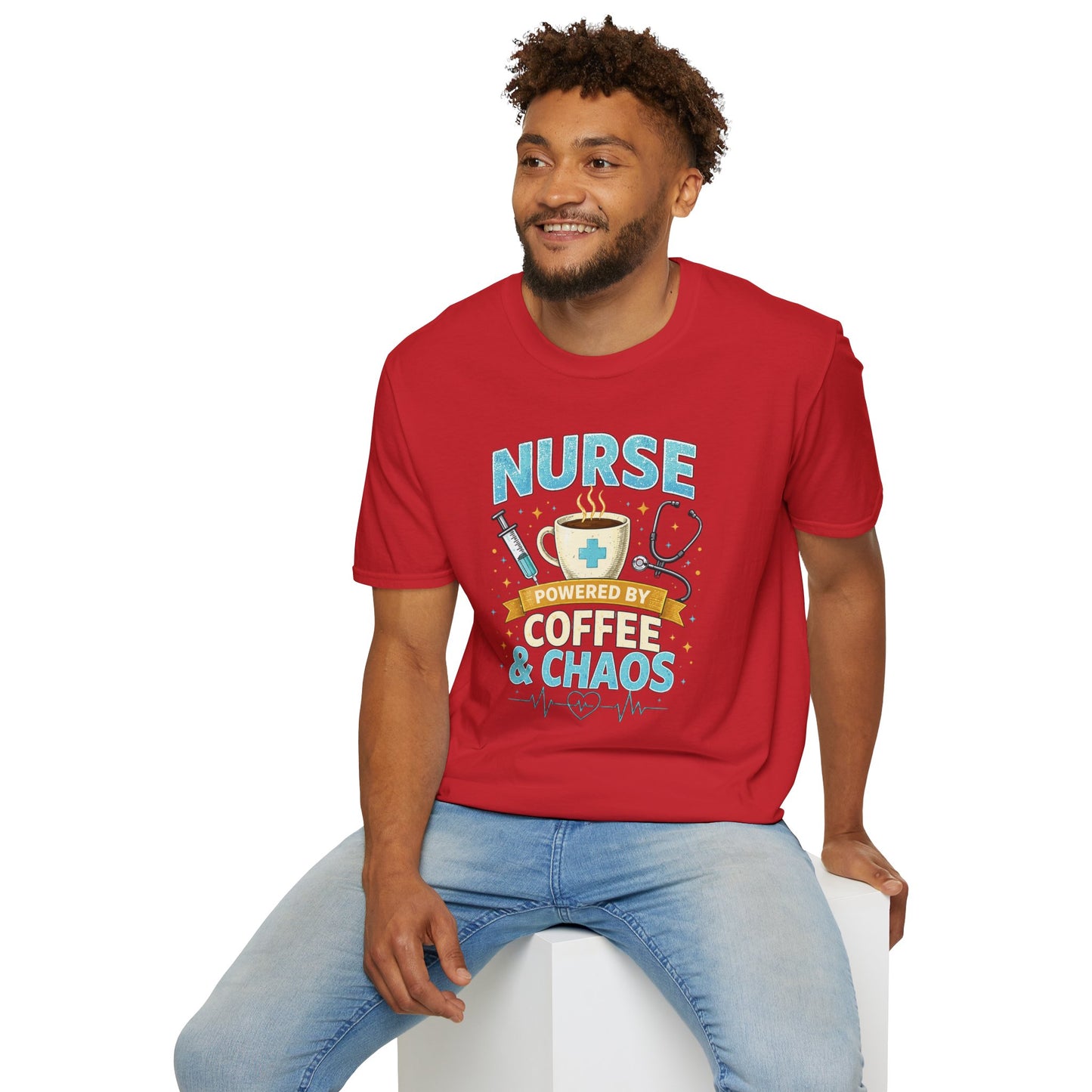 Nurse Powered by Coffee & Chaos Shirt, Funny Nurse Tee, RN CNA Gift, Nurse Life Graphic T-Shirt, Medical Worker Gift, Cute Nursing Shirt for Women Men