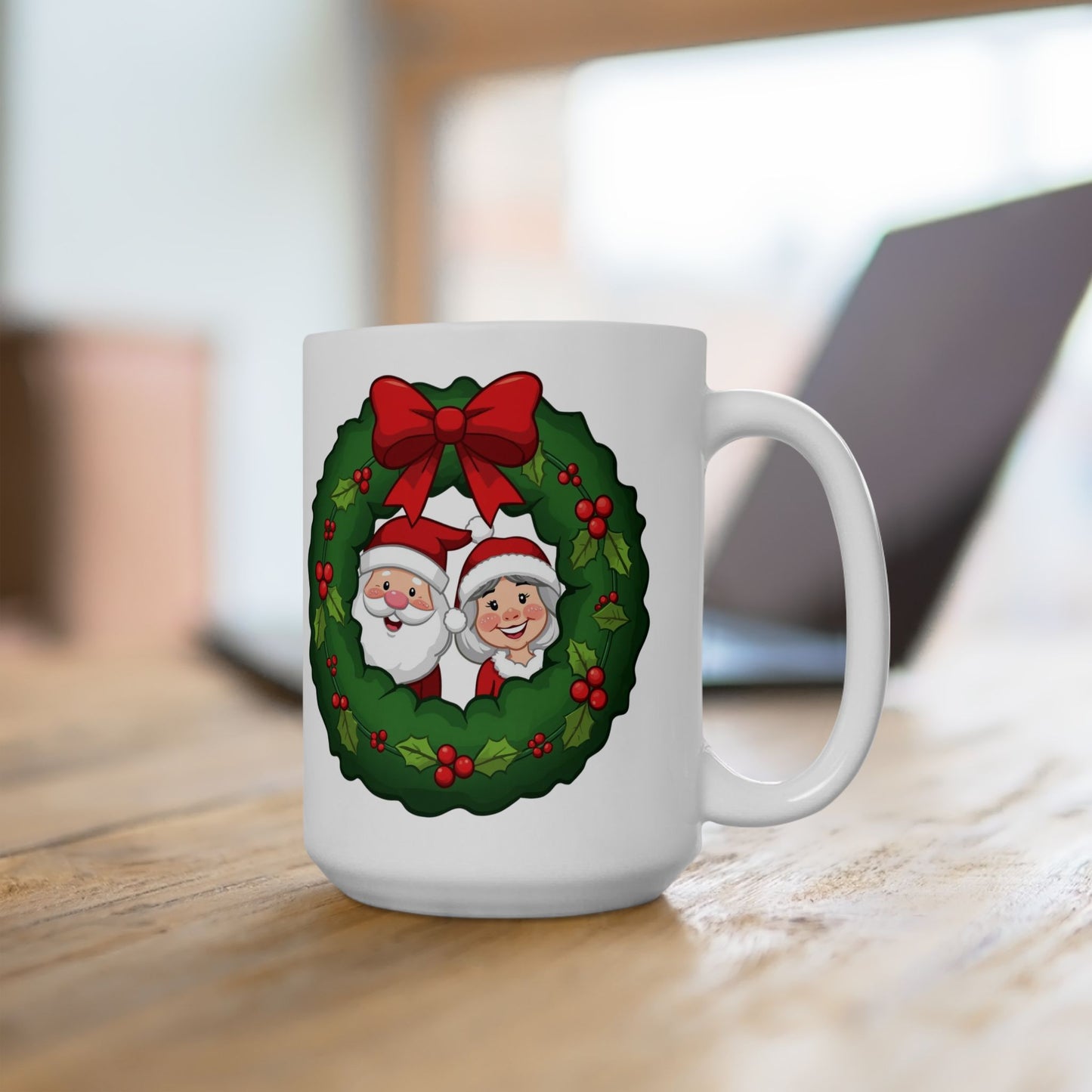 Santa and Mrs. Claus in a Wreath Mug – Cute Holiday Coffee Cup, Festive Santa Ceramic Mug, Christmas Gift Idea (11oz/15oz)