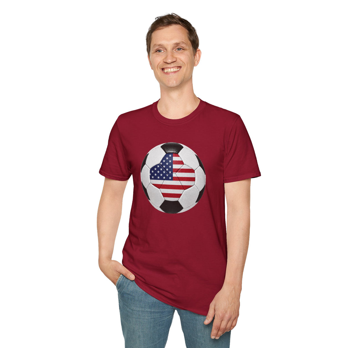 USA Soccer Ball Shirt, American Flag Soccer Tee, Red White Blue Soccer T-Shirt, Patriotic Game Day Fan Shirt