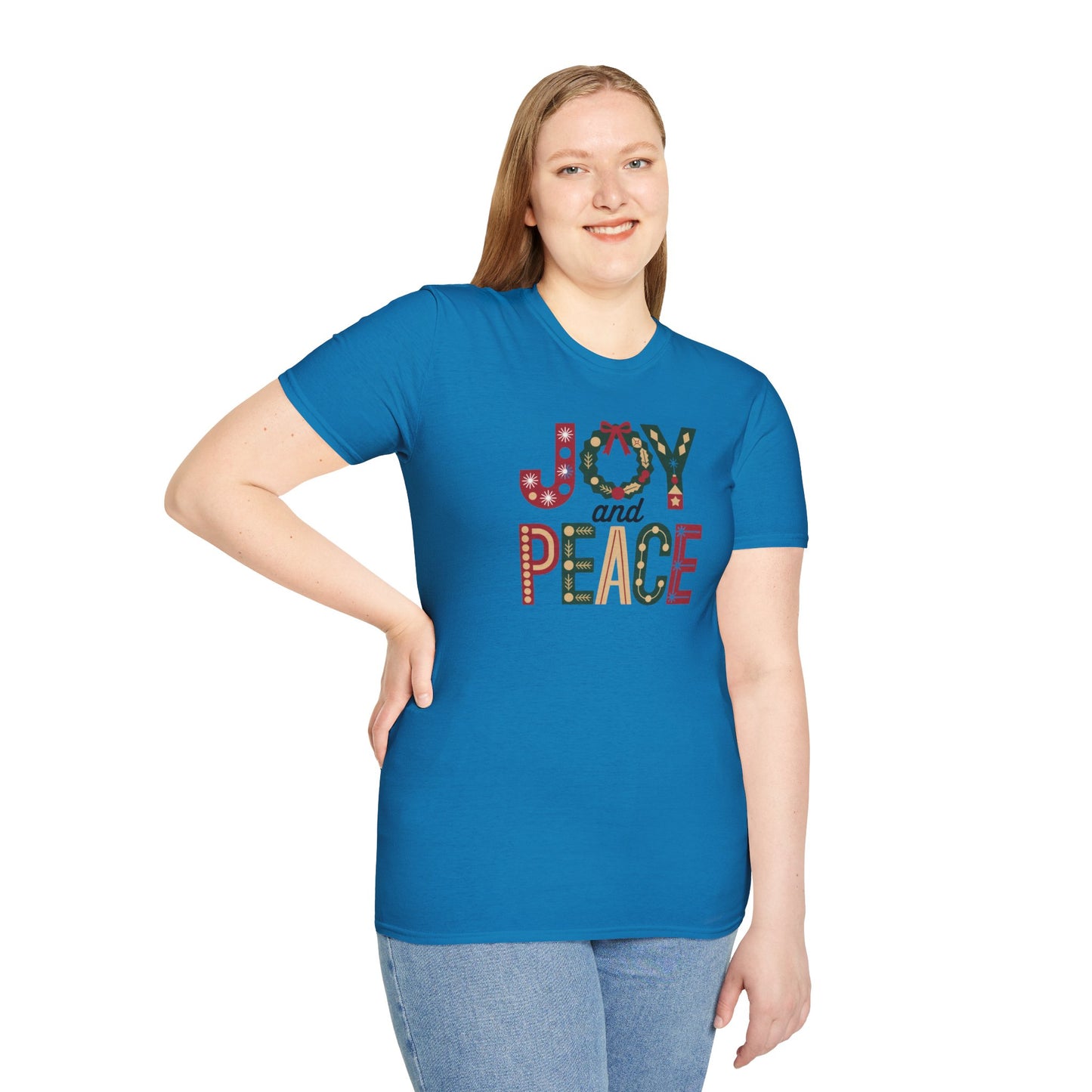 Joy and Peace Christmas T-Shirt – Festive Holiday Typography Tee with Wreath Design, Inspirational Christmas Shirt