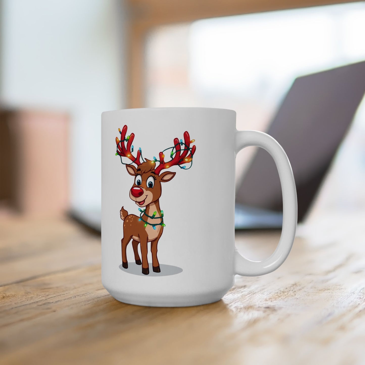 Reindeer Christmas Lights Mug – Cute Holiday Coffee Cup, Festive Reindeer Ceramic Mug, Christmas Gift Idea (11oz/15oz)