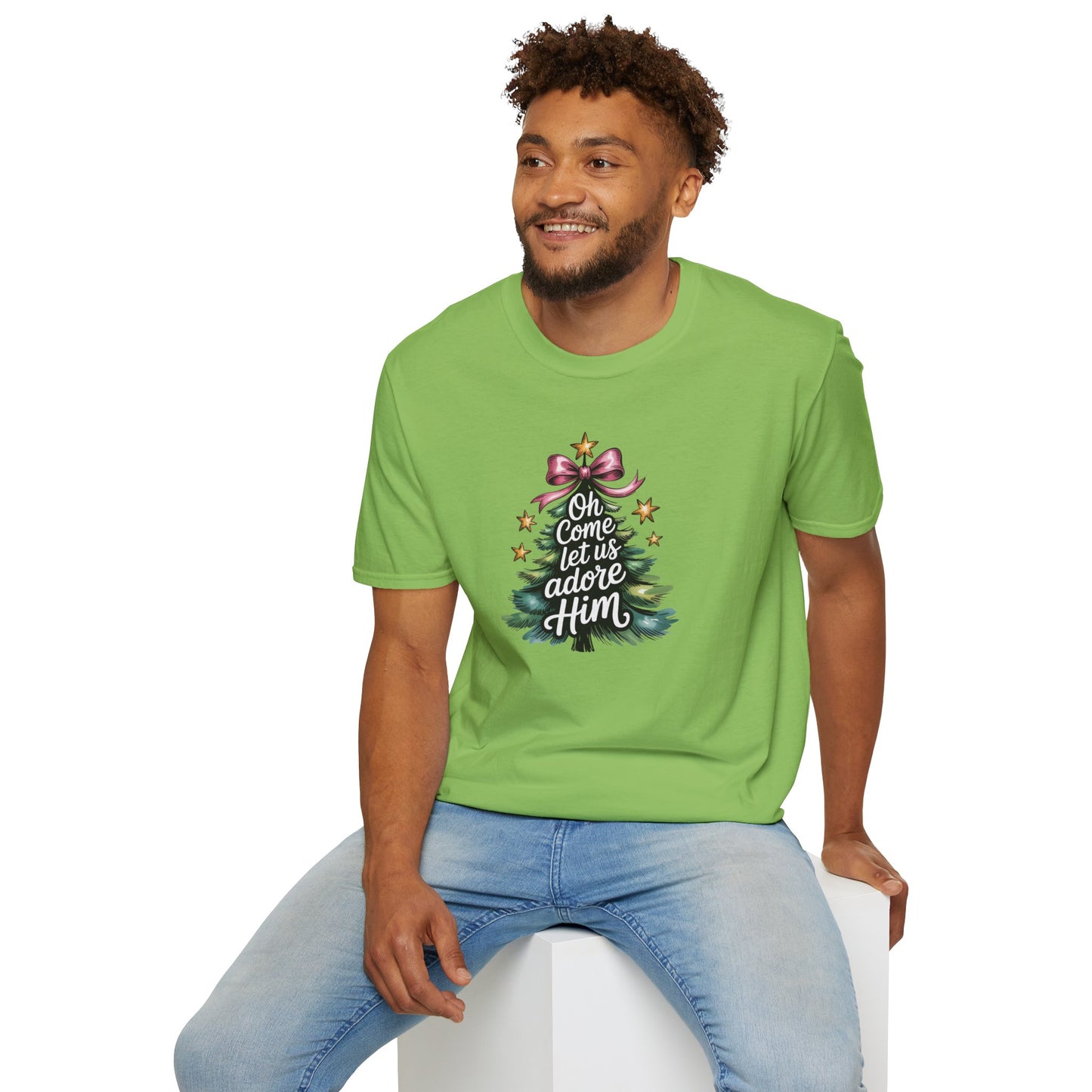Oh Come Let Us Adore Him Christmas T-Shirt – Christian Holiday Tee with Bow and Christmas Tree Design