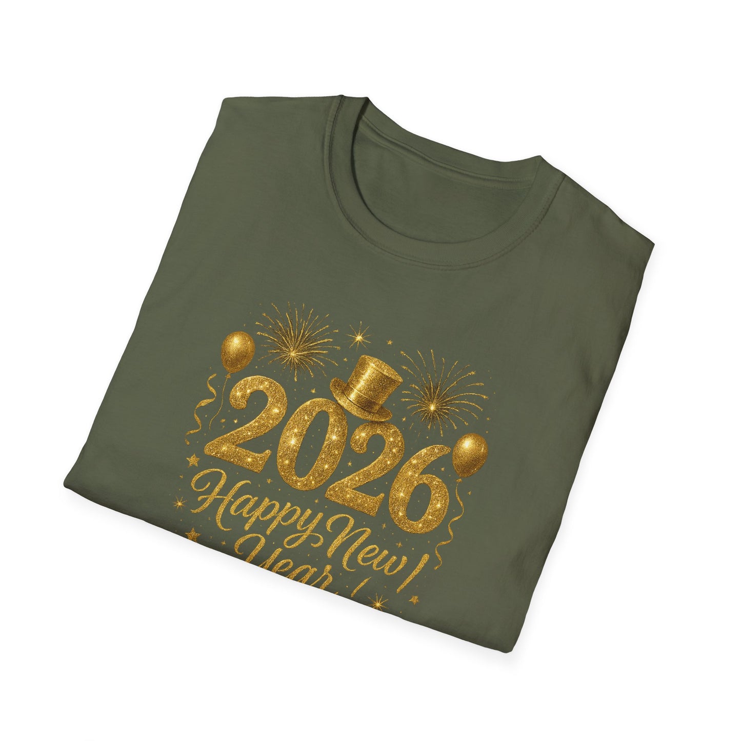 Happy New Year 2026 Gold Glitter T-Shirt – Sparkly New Year’s Eve Party Shirt, Festive 2026 NYE Tee with Fireworks & Balloons, Holiday Celebration Top
