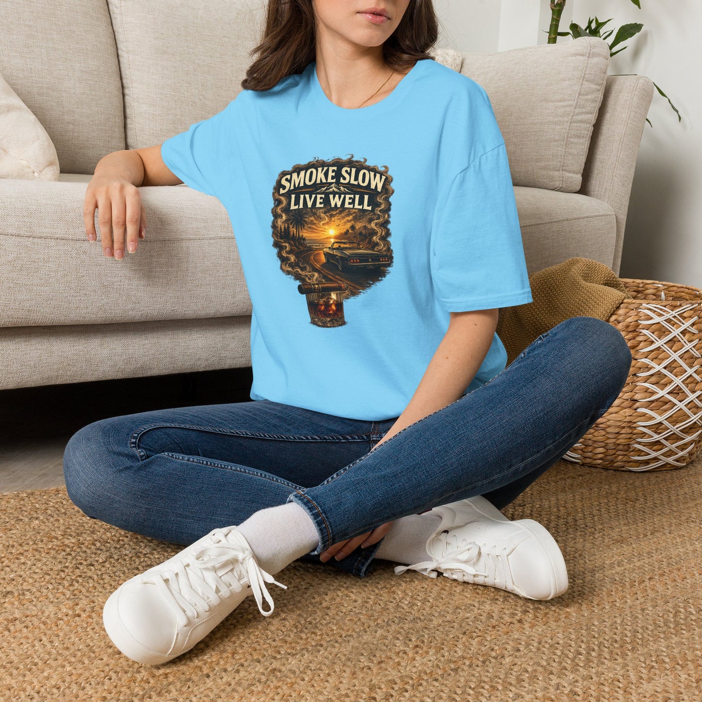 Smoke Slow Live Well Classic Car T-Shirt – Cigar, Whiskey & Sunset Cruise Tee