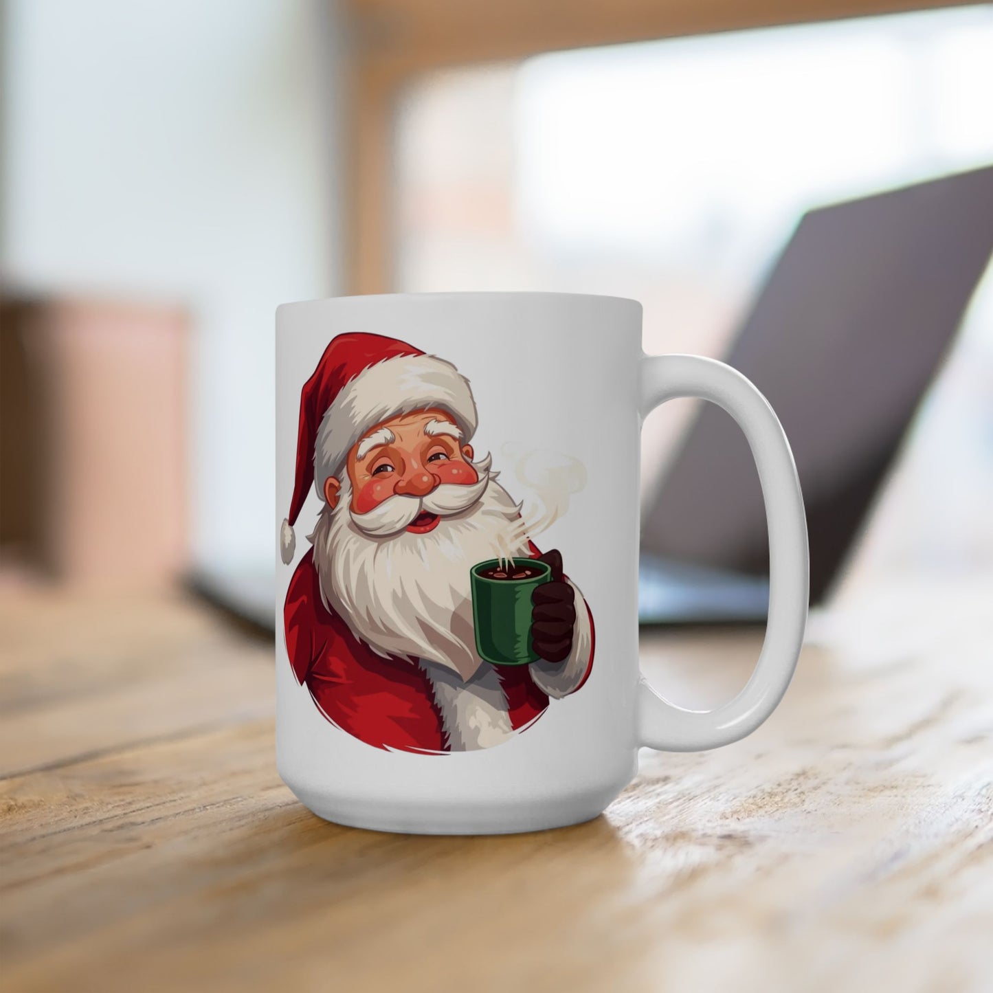 Santa enjoying Hot Chocolate Mug – Cute Holiday Coffee Cup, Festive Santa Ceramic Mug, Christmas Gift Idea (11oz/15oz)