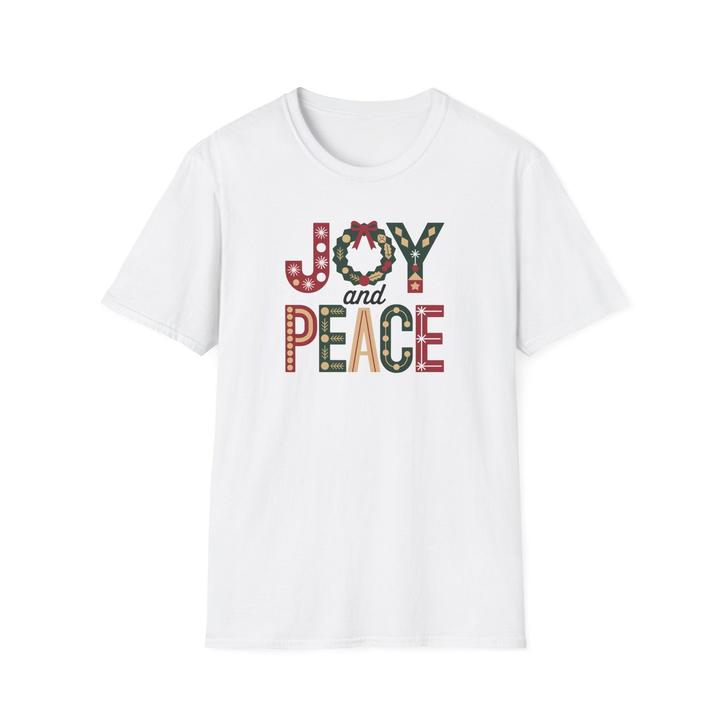 Joy and Peace Christmas T-Shirt – Festive Holiday Typography Tee with Wreath Design, Inspirational Christmas Shirt