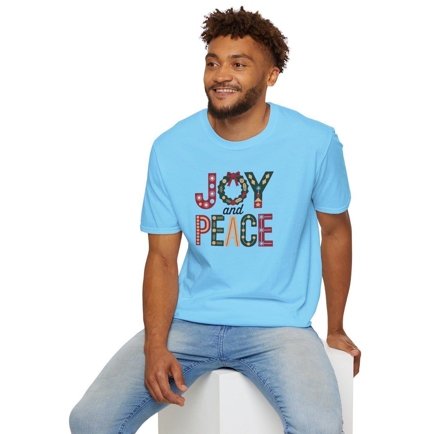 Joy and Peace Christmas T-Shirt – Festive Holiday Typography Tee with Wreath Design, Inspirational Christmas Shirt