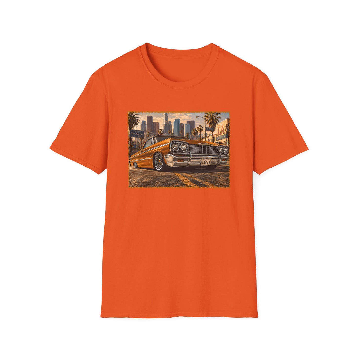 Los Angeles Lowrider T-Shirt, Orange Classic Car Graphic Tee, 1964 Style Car Shirt for Car Lovers