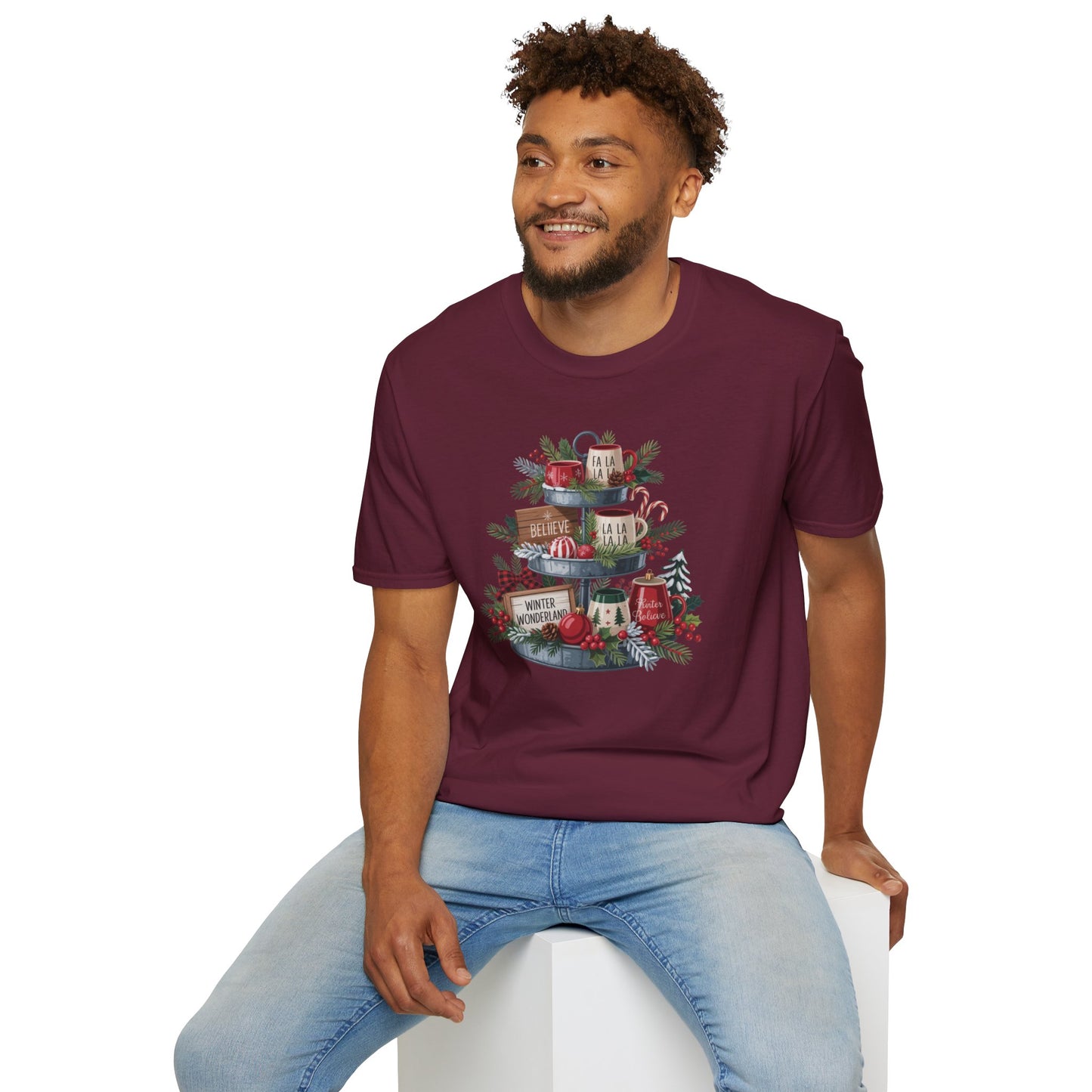 Christmas Mug Stack T-Shirt – Festive Holiday Tiered Tray Shirt with Fa La La Winter Wonderland Graphic Tee