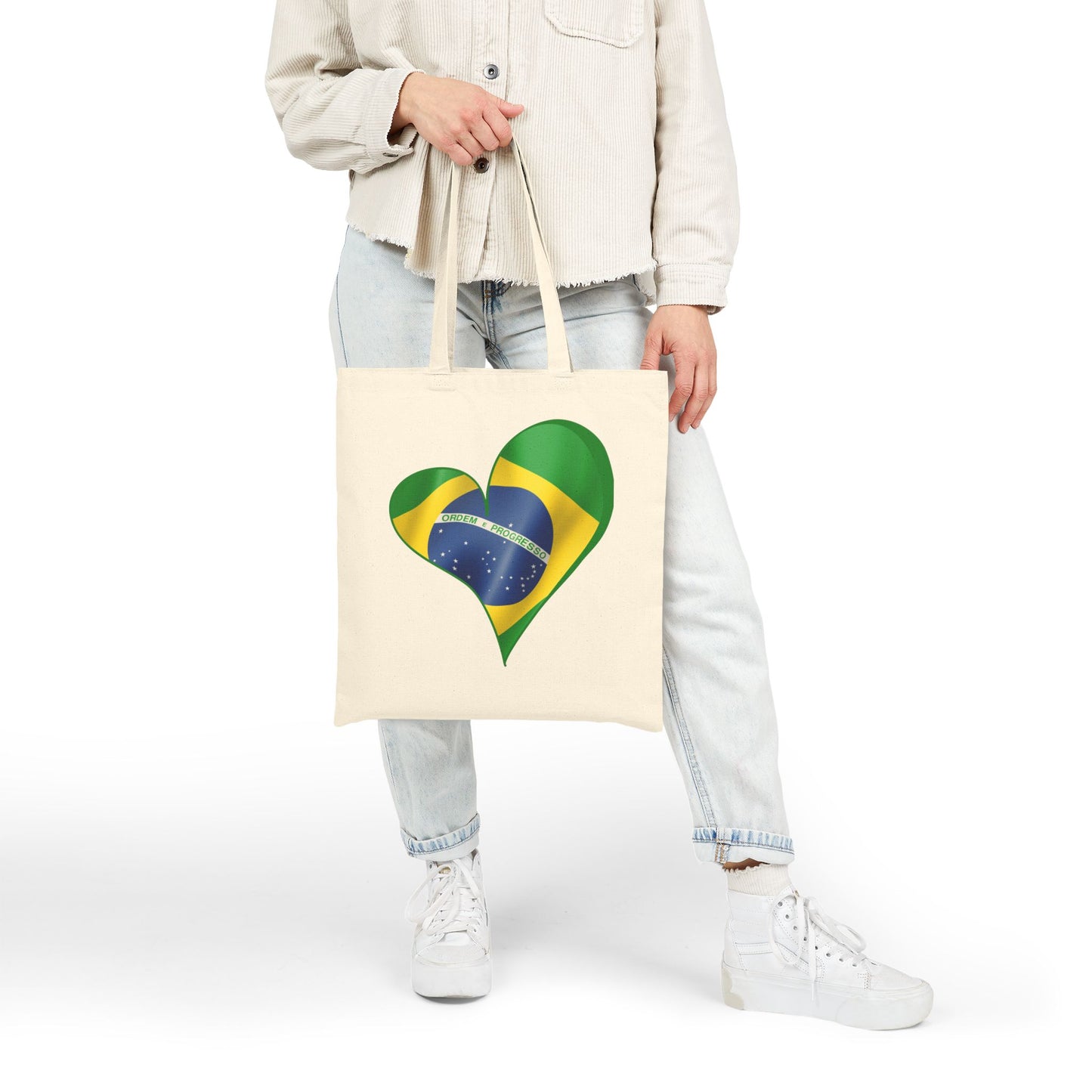 Brazil Flag Heart Tote Bag, Cotton Canvas Grocery Shopping Beach Handbag, Brazilian Pride Gift, Patriotic Shoulder Bag