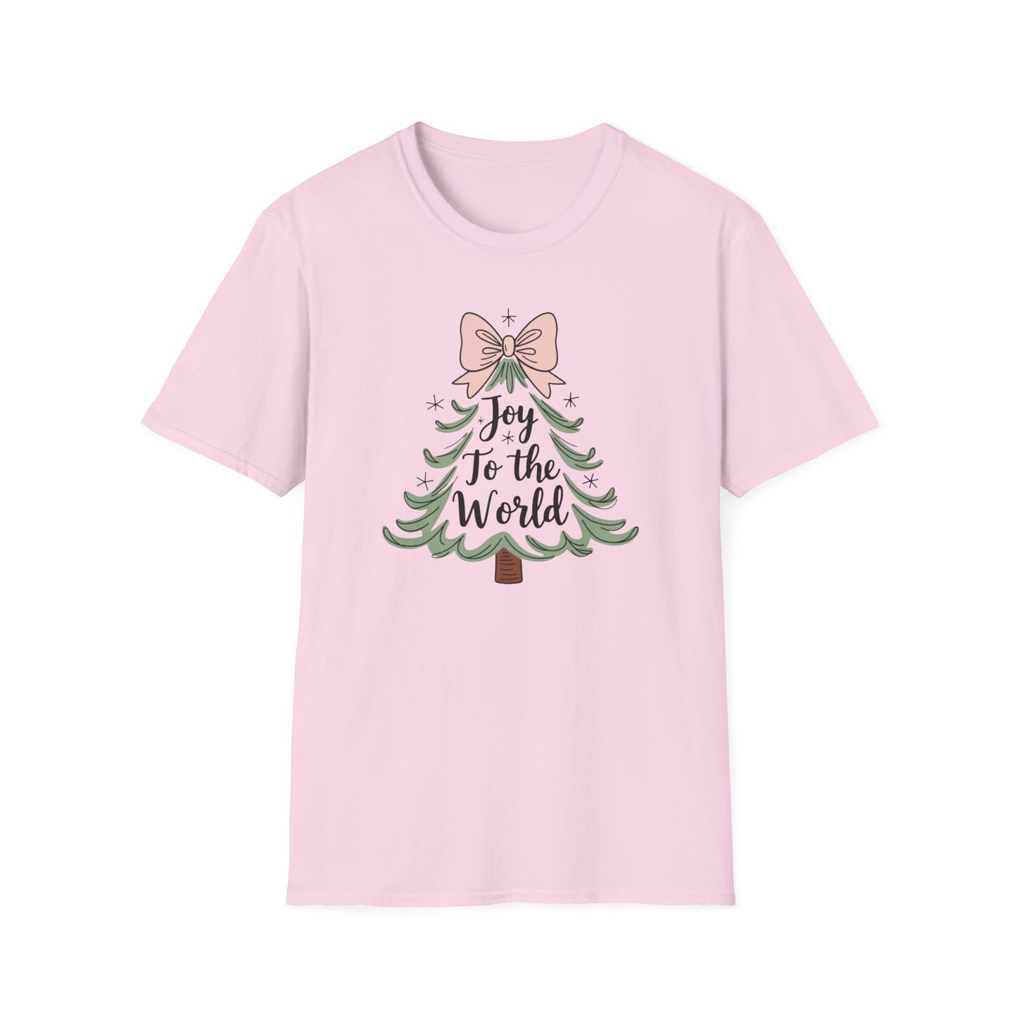 Joy to the World Christmas T-Shirt – Cute Pastel Bow Christmas Tree Tee, Festive Holiday Graphic Shirt for Women