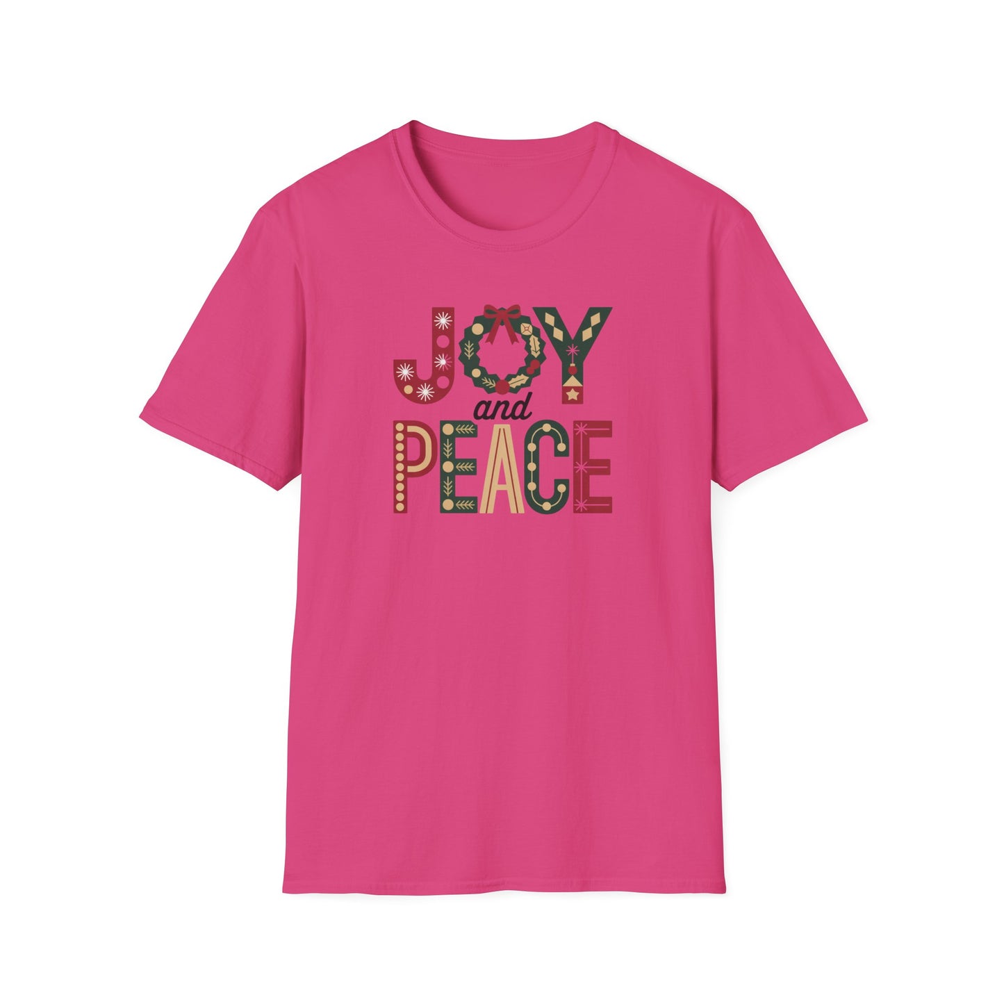 Joy and Peace Christmas T-Shirt – Festive Holiday Typography Tee with Wreath Design, Inspirational Christmas Shirt