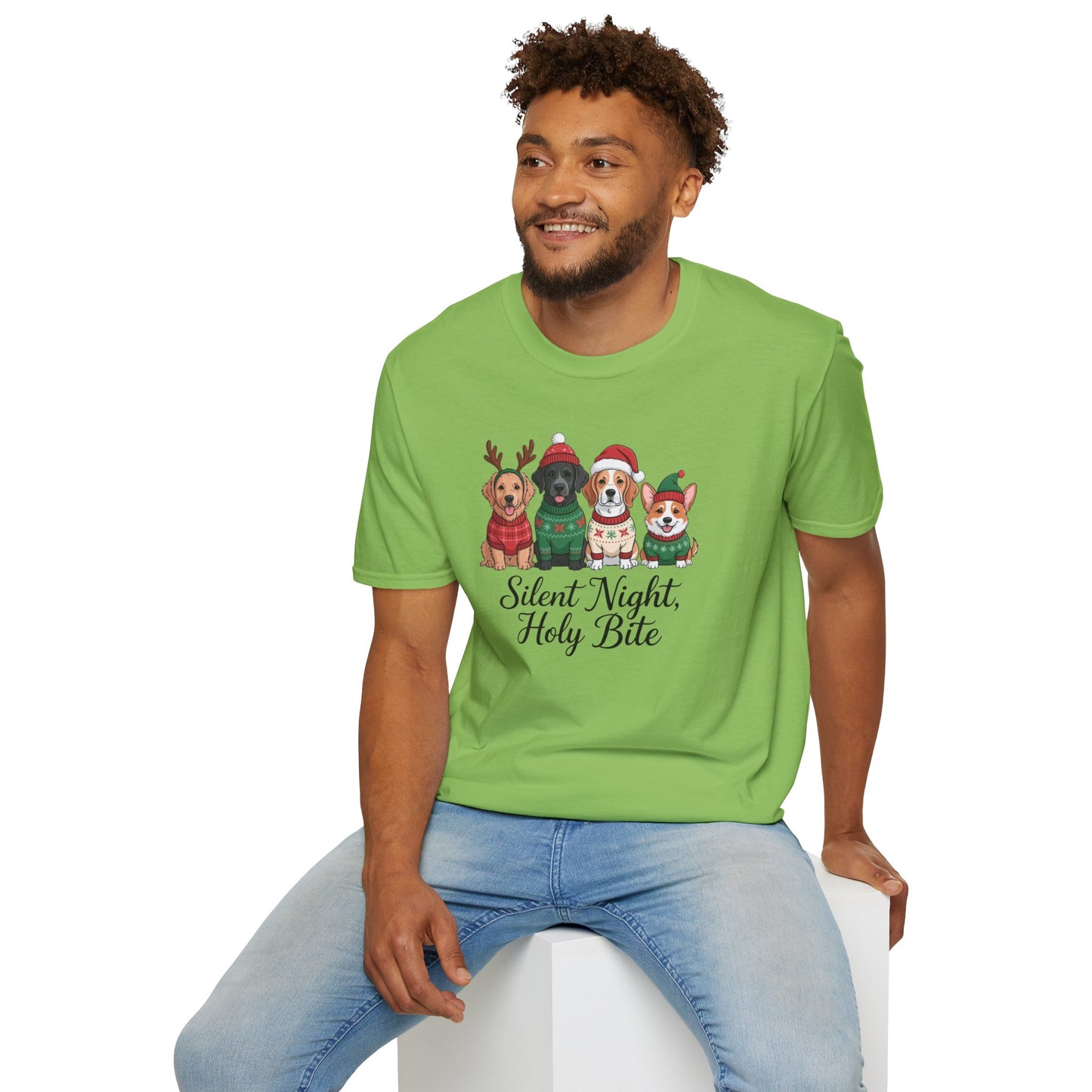 Silent Night Holy Bite Christmas Dog T-Shirt – Cute Holiday Puppy Sweater Tee, Funny Christmas Dog Lover Shirt