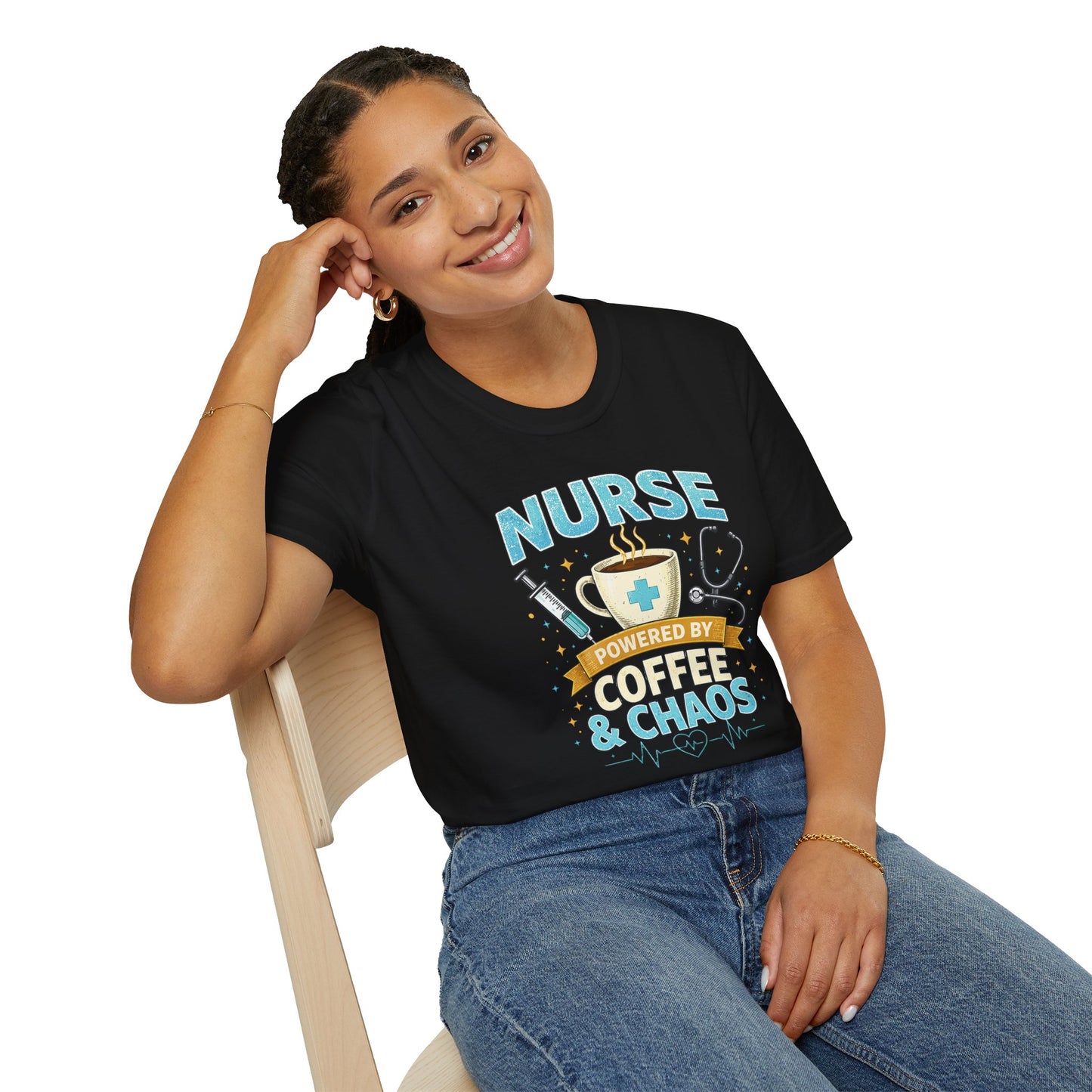 Nurse Powered by Coffee & Chaos Shirt, Funny Nurse Tee, RN CNA Gift, Nurse Life Graphic T-Shirt, Medical Worker Gift, Cute Nursing Shirt for Women Men