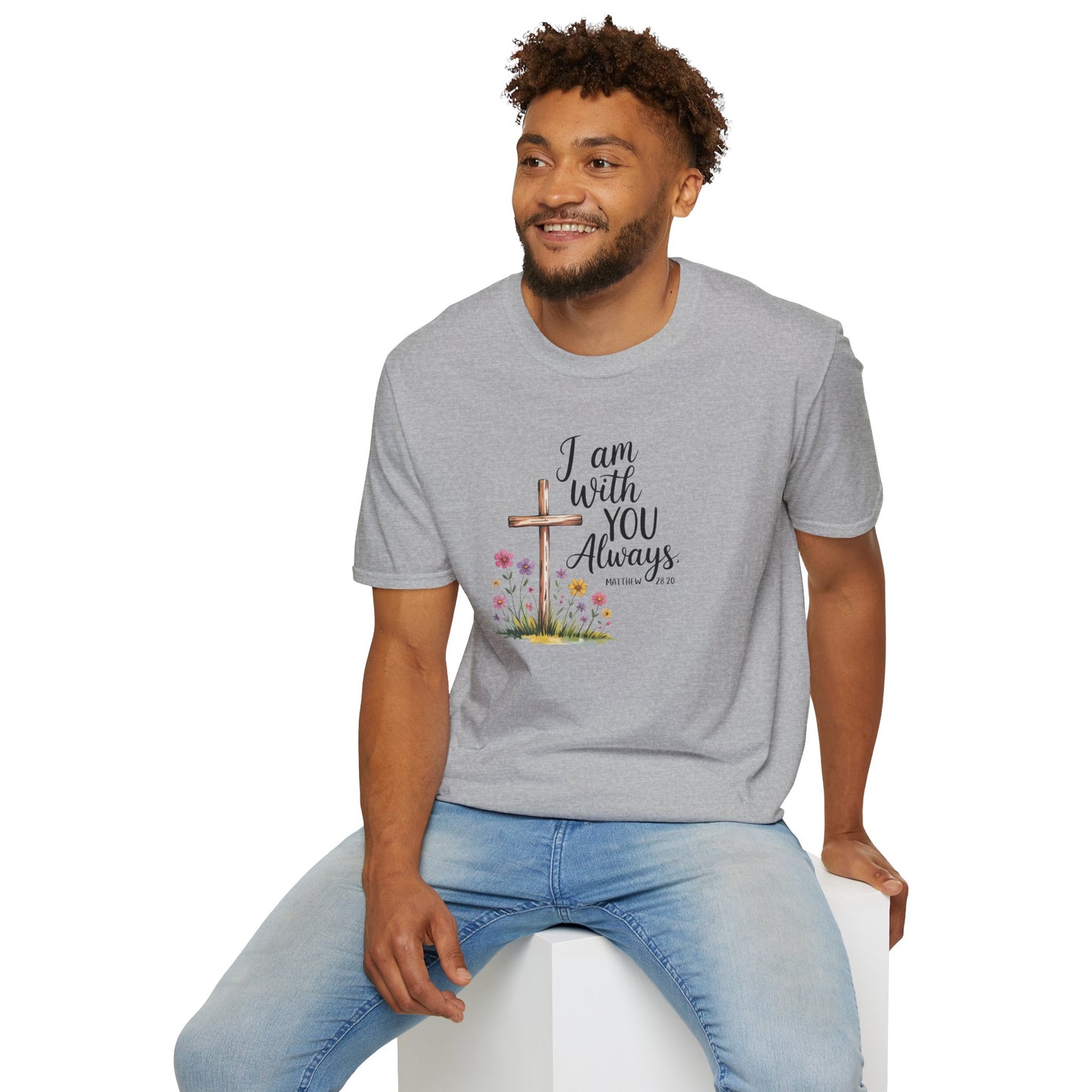 I Am With You Always Christian T-Shirt – Matthew 28:20 Scripture Tee with Cross and Flowers, Faith Inspirational Shirt