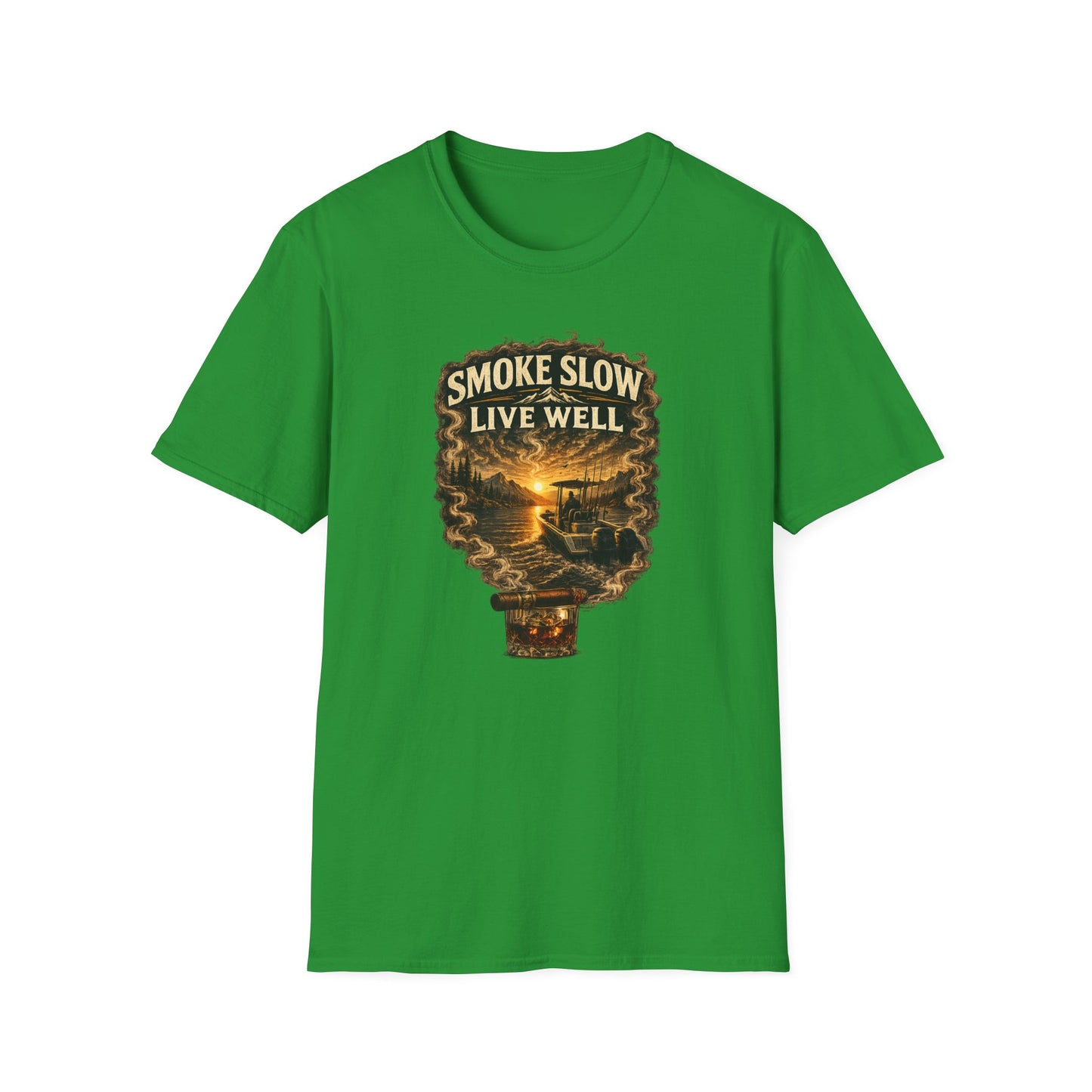 Smoke Slow Live Well Cigar T-Shirt – Whiskey & Outdoor Boating Lifestyle Cigar Tee