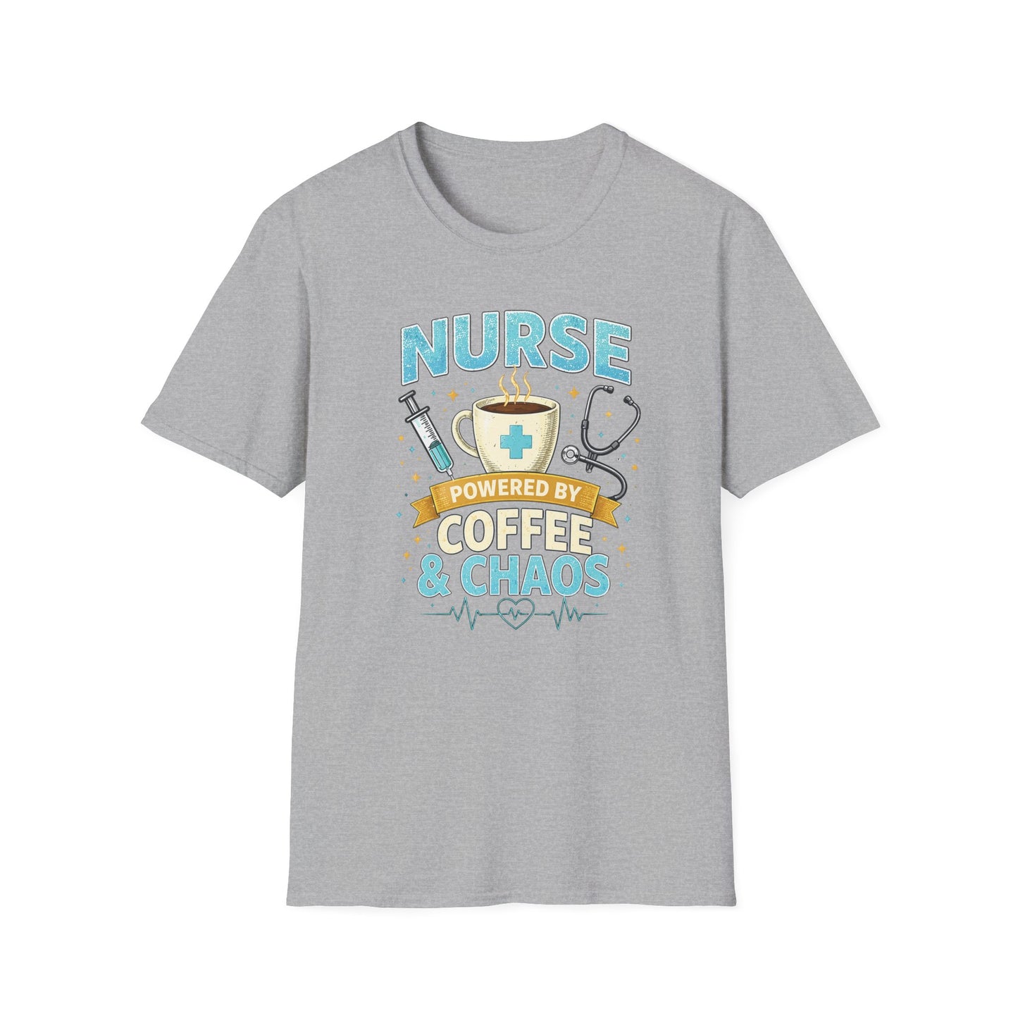 Nurse Powered by Coffee & Chaos Shirt, Funny Nurse Tee, RN CNA Gift, Nurse Life Graphic T-Shirt, Medical Worker Gift, Cute Nursing Shirt for Women Men