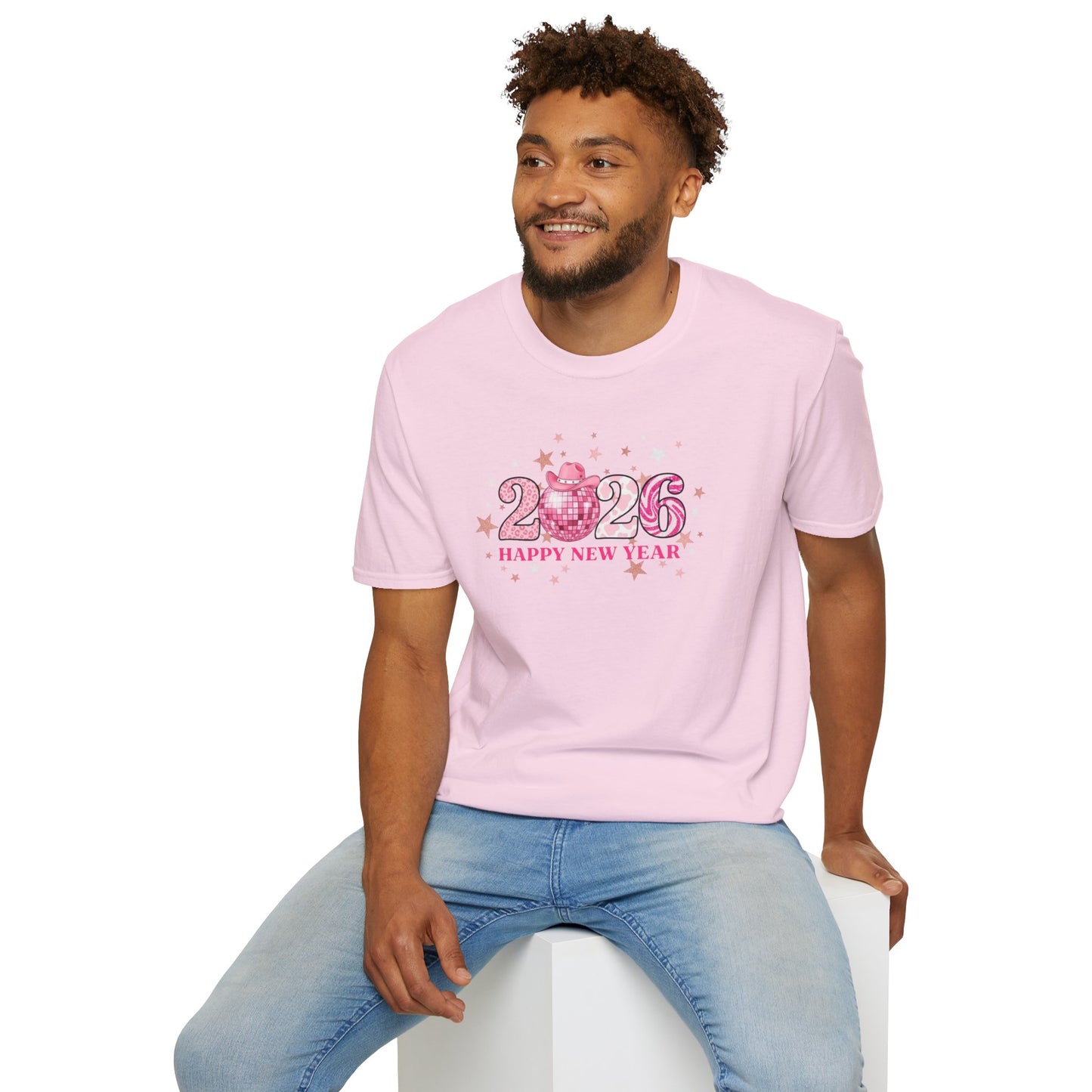 Happy New Year 2026 Pink Disco Cowgirl T-Shirt – Western New Year Shirt, Cute Pink 2026 Tee with Cowboy Hat & Stars, NYE Party Graphic Top