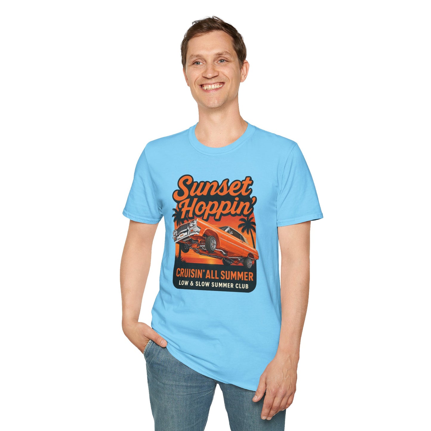 Lowrider Summer Shirt, Sunset Hoppin Tee, Cruisin All Summer Graphic Shirt, Low and Slow Car Tee, Unisex Car Lover Gift