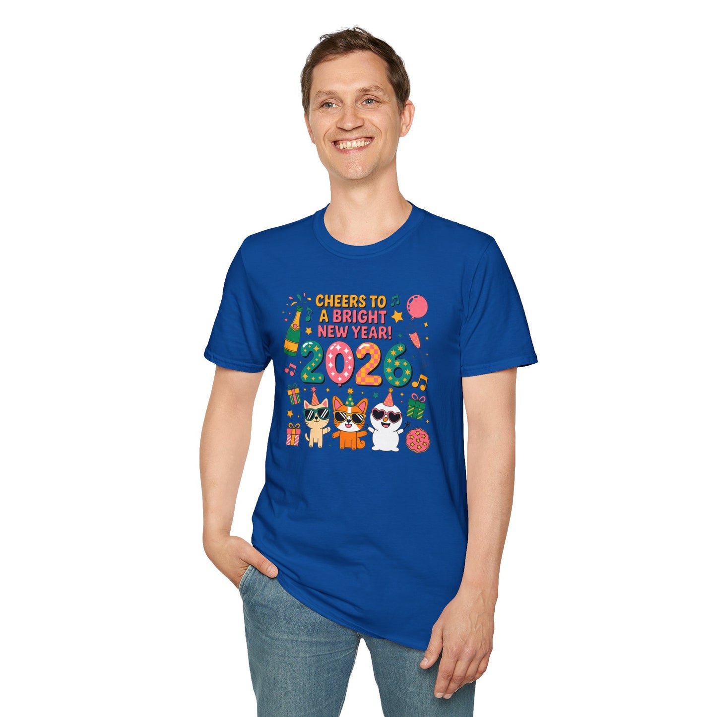 Happy New Year 2026 T-Shirt – Cute Cartoon Cats New Year Shirt, Bright Colorful NYE Party Tee, Fun 2026 Celebration Top for Cat Lovers