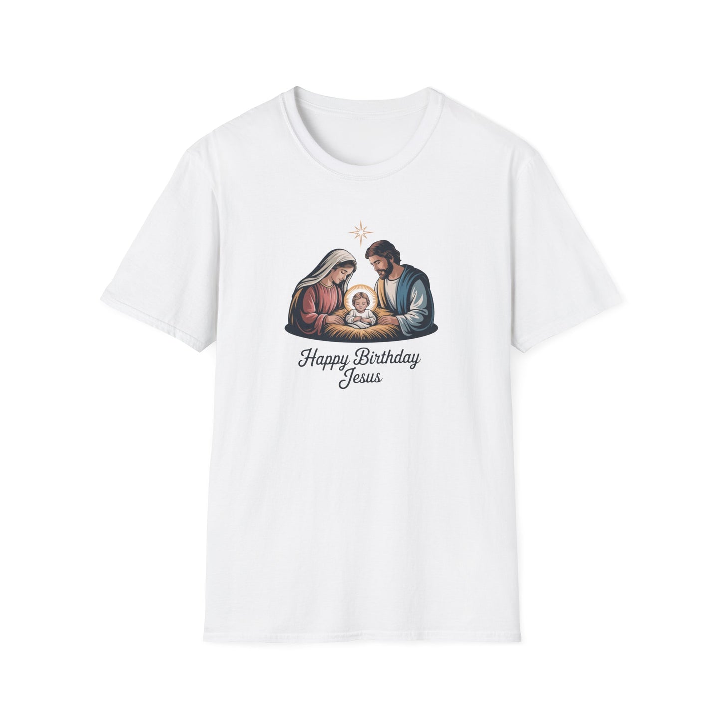 Happy Birthday Jesus Nativity T-Shirt – Christian Christmas Shirt with Mary Joseph & Baby Jesus, Faith Holiday Tee