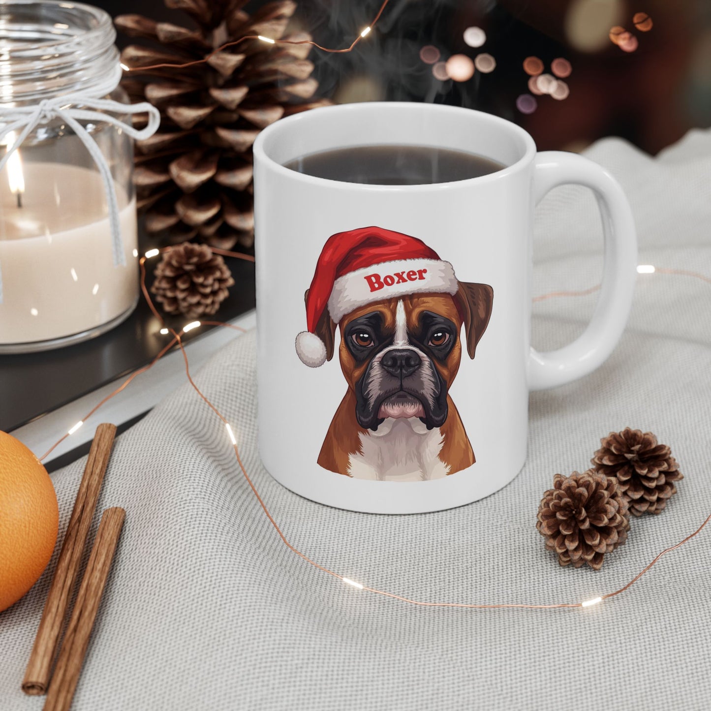 Boxer Holiday Portrait Mug – Cute Holiday Coffee Cup, Festive Boxer Ceramic Mug, Christmas Gift Idea (11oz/15oz)