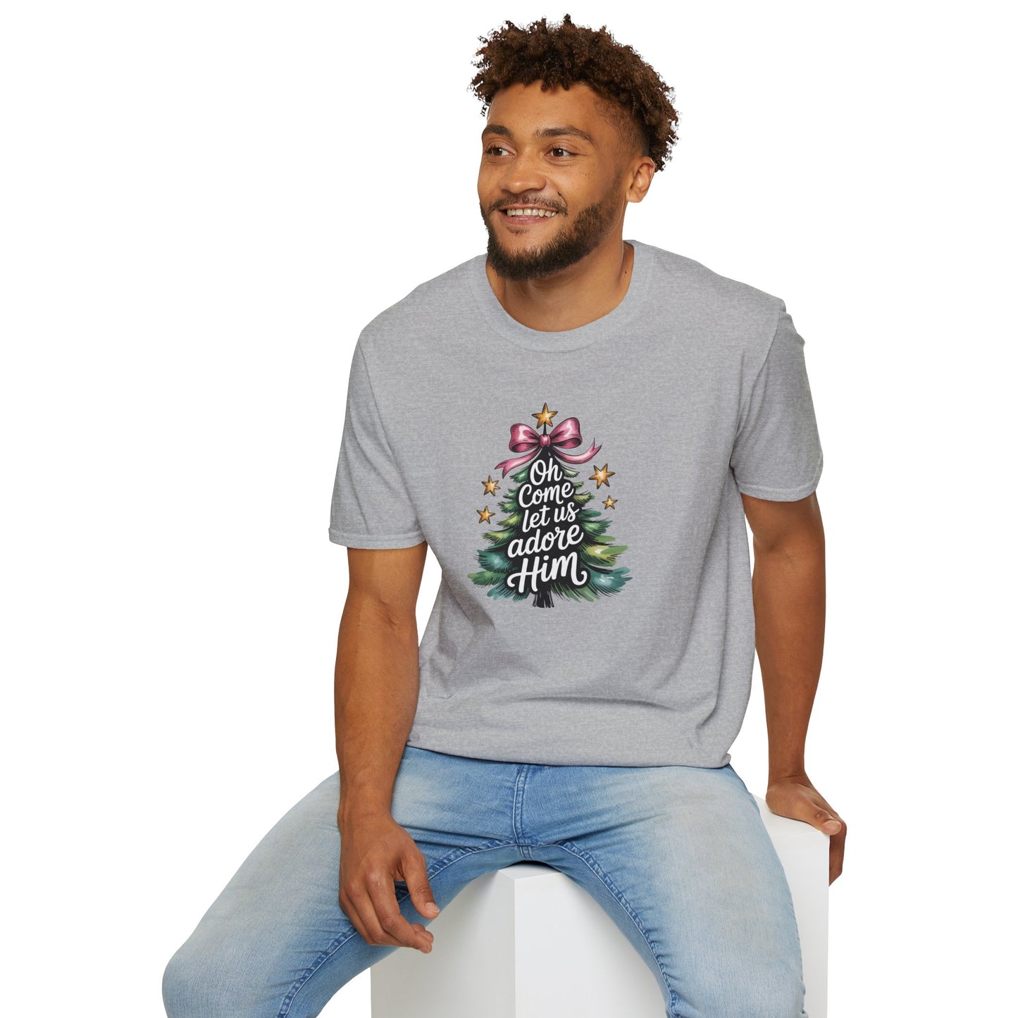 Oh Come Let Us Adore Him Christmas T-Shirt – Christian Holiday Tee with Bow and Christmas Tree Design