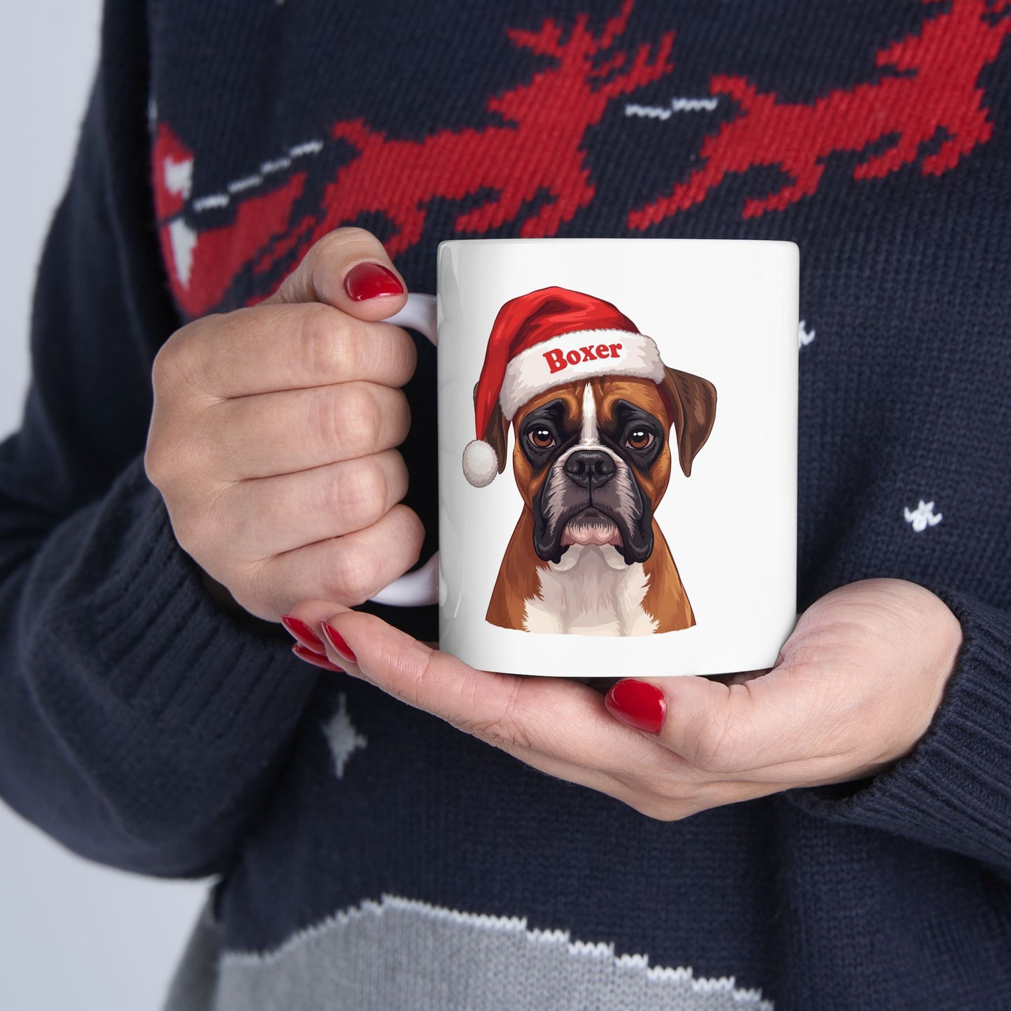 Boxer Holiday Portrait Mug – Cute Holiday Coffee Cup, Festive Boxer Ceramic Mug, Christmas Gift Idea (11oz/15oz)