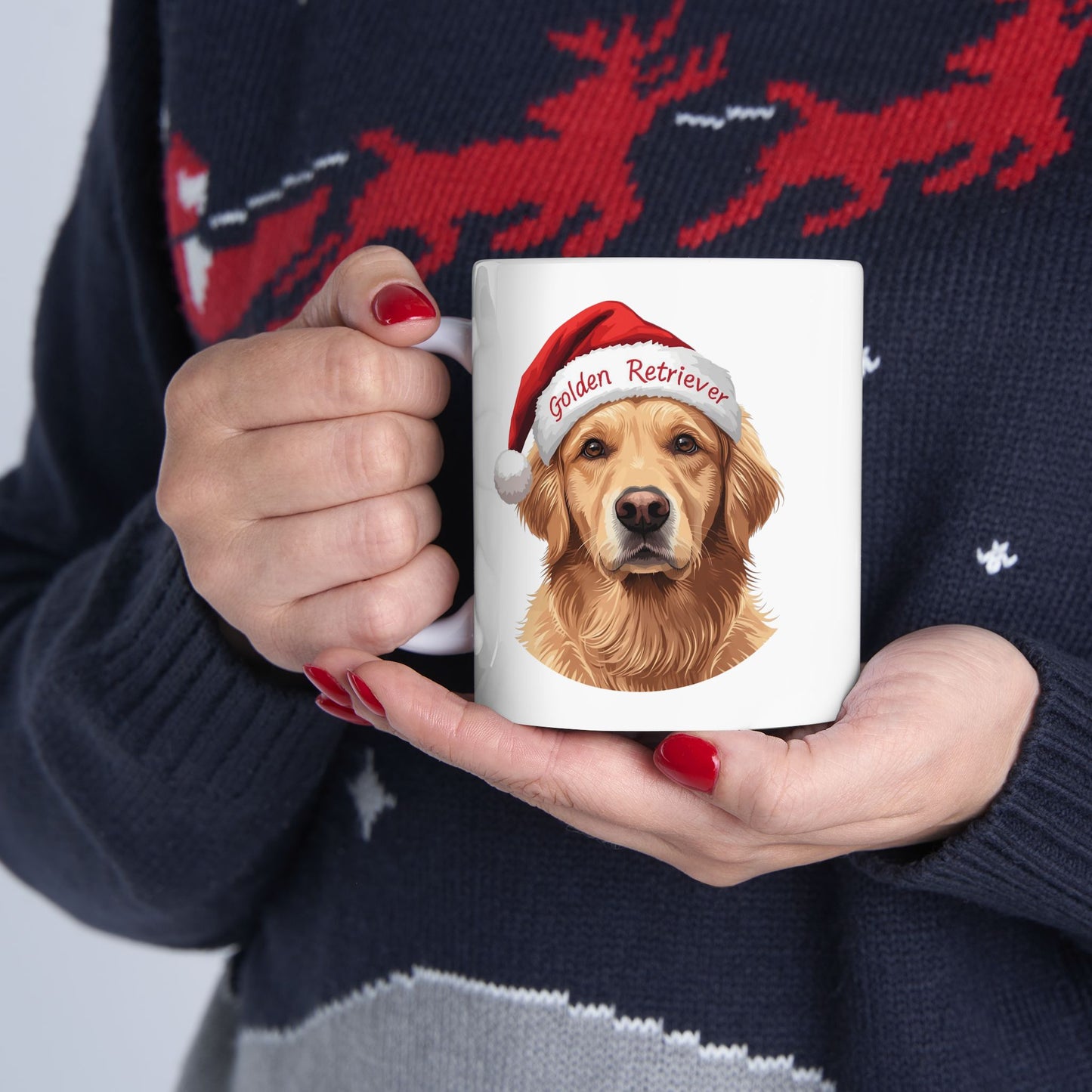 Golden Retriever Holiday Portrait Mug – Cute Holiday Coffee Cup, Festive Golden Retriever Ceramic Mug, Christmas Gift Idea (11oz/15oz)
