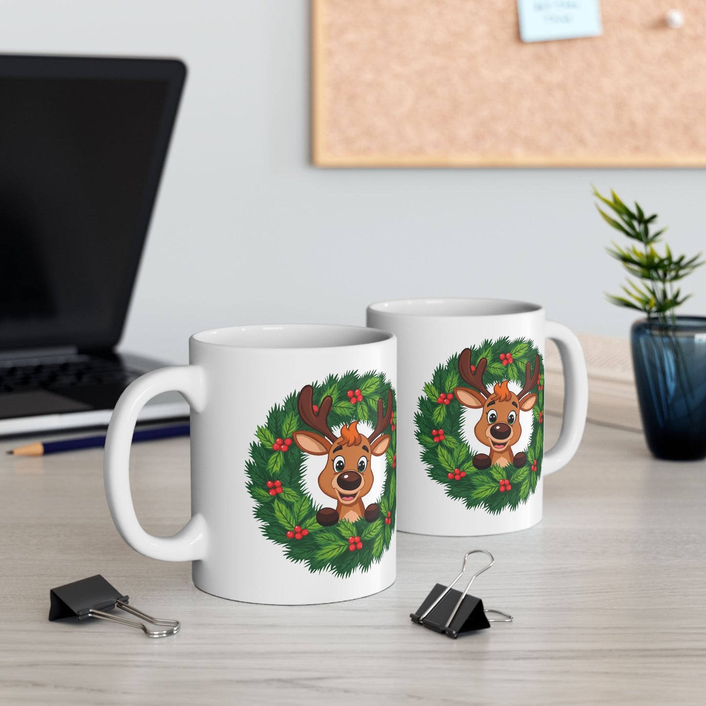 Reindeer in the Wreath Mug – Cute Holiday Coffee Cup, Festive Reindeer Ceramic Mug, Christmas Gift Idea (11oz/15oz)