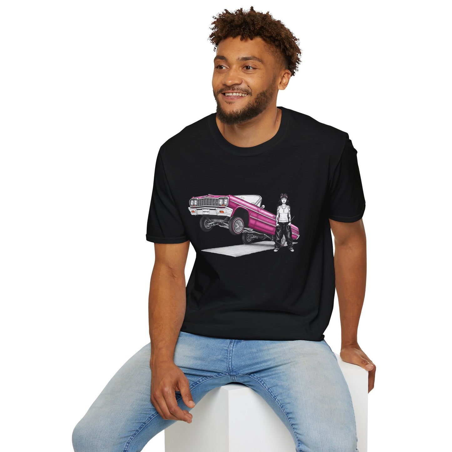 1964 Chevy Impala Hydraulics Lowrider Ink Drawing T-Shirt - Old School Hip Hop Cholo Art Tee Design - Chicano Car Club Graphic Tee