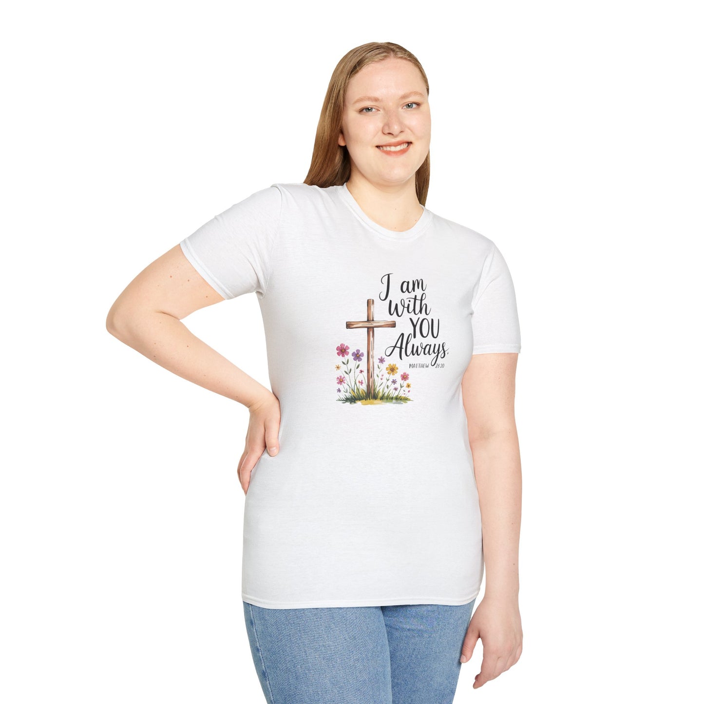 I Am With You Always Christian T-Shirt – Matthew 28:20 Scripture Tee with Cross and Flowers, Faith Inspirational Shirt
