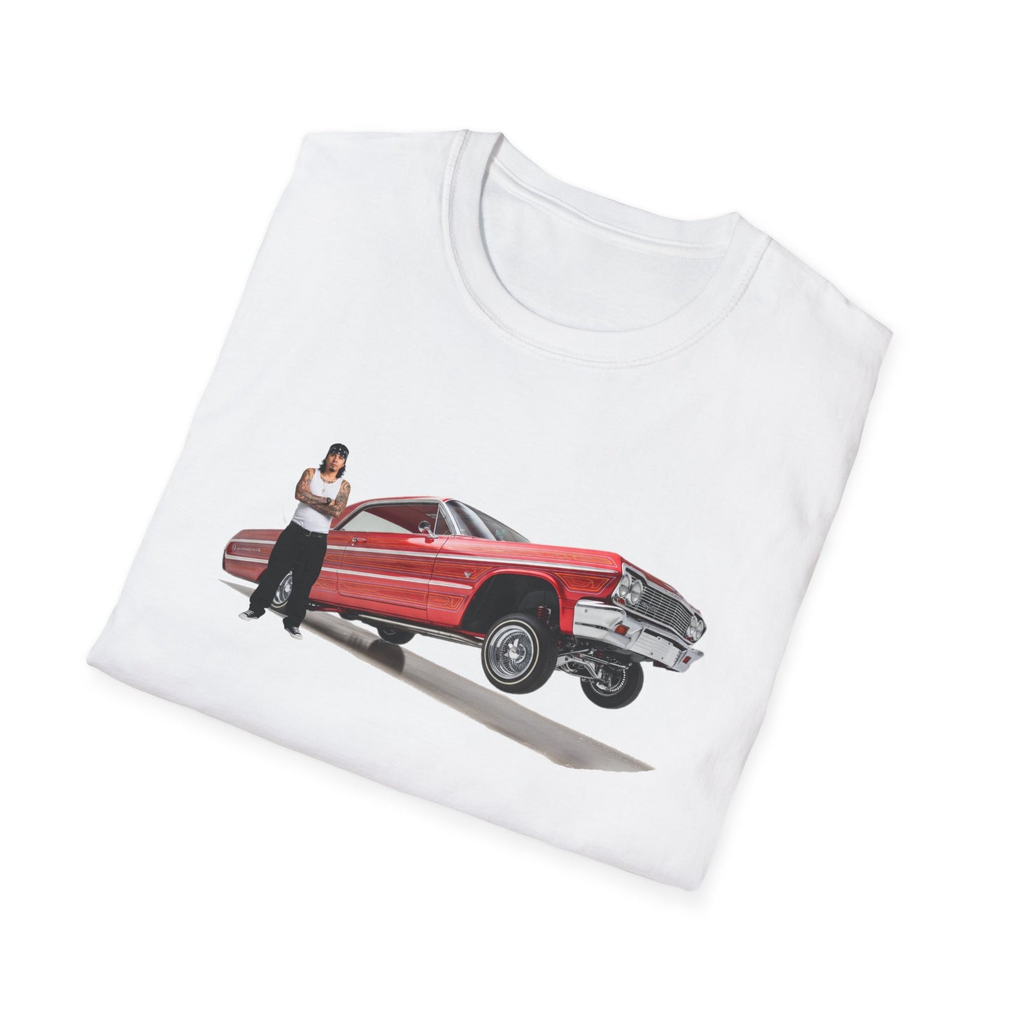 1964 Chevy Impala Hydraulics Lowrider Hoppin' graphic T-Shirt - Old School Hip Hop Cholo Art Tee Design - Chicano Car Club Graphic Tee