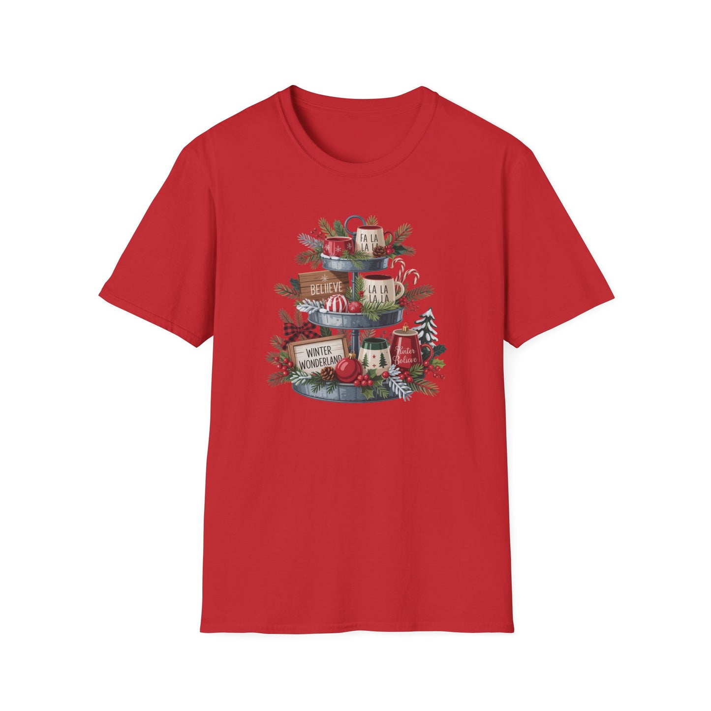 Christmas Mug Stack T-Shirt – Festive Holiday Tiered Tray Shirt with Fa La La Winter Wonderland Graphic Tee