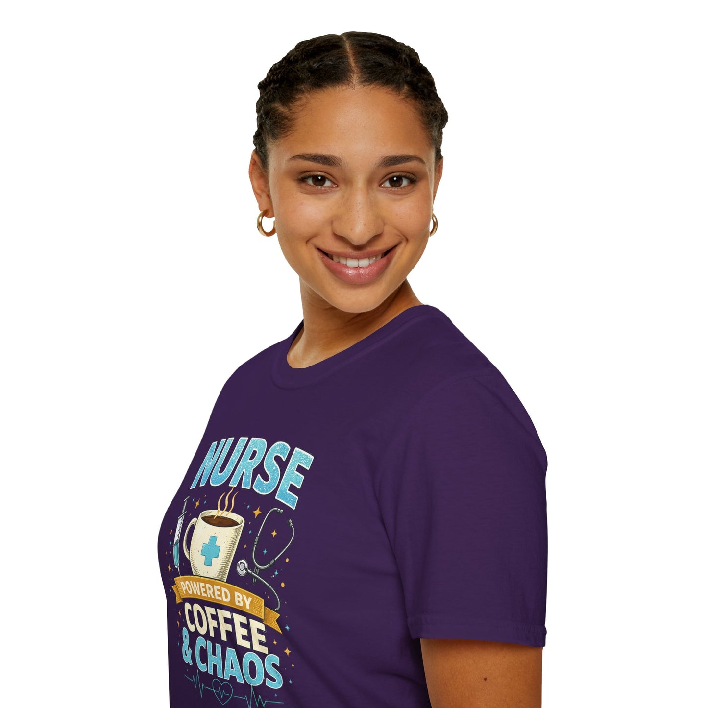 Nurse Powered by Coffee & Chaos Shirt, Funny Nurse Tee, RN CNA Gift, Nurse Life Graphic T-Shirt, Medical Worker Gift, Cute Nursing Shirt for Women Men