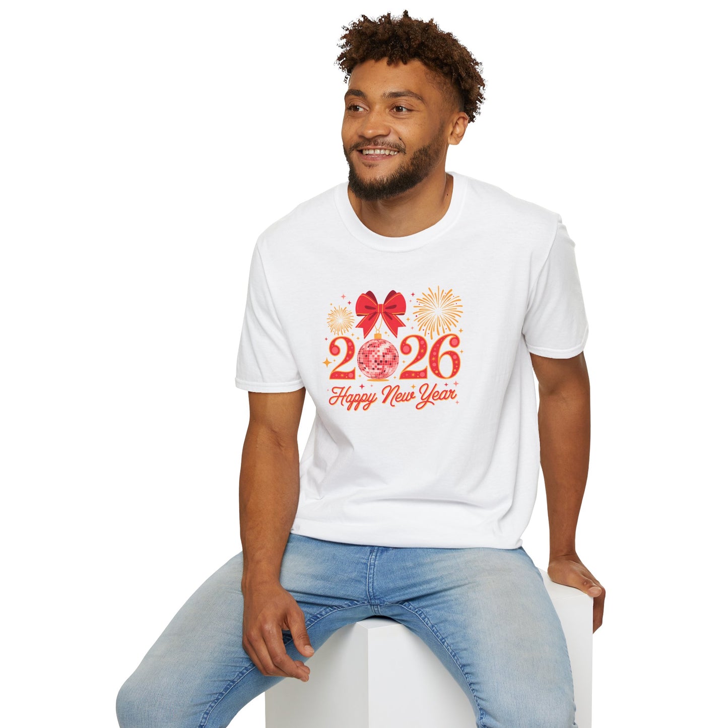 Happy New Year 2026 T-Shirt – Red & Gold Disco Ball New Year Shirt, Festive Bow and Fireworks 2026 NYE Tee, Holiday Celebration Party Top