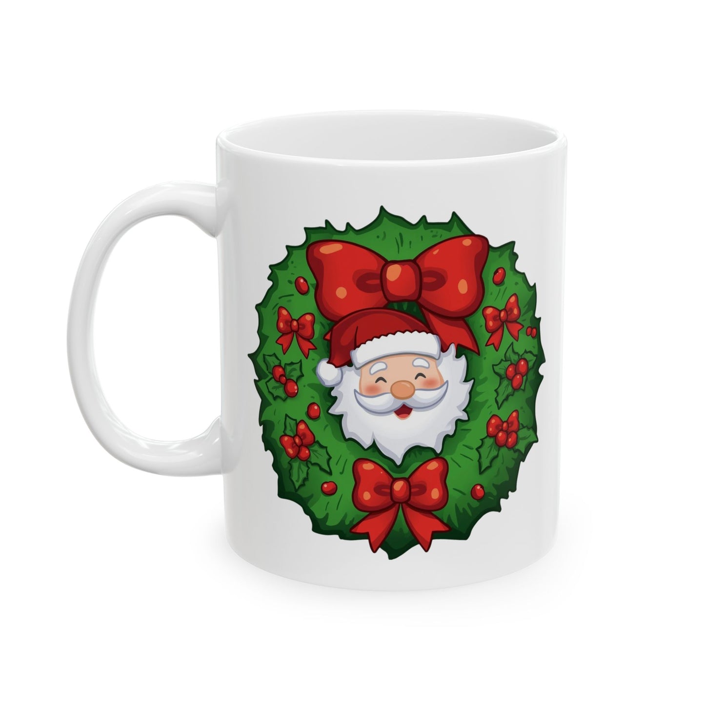 Santa in the Wreath Mug – Cute Holiday Coffee Cup, Festive Santa Ceramic Mug, Christmas Gift Idea (11oz/15oz)