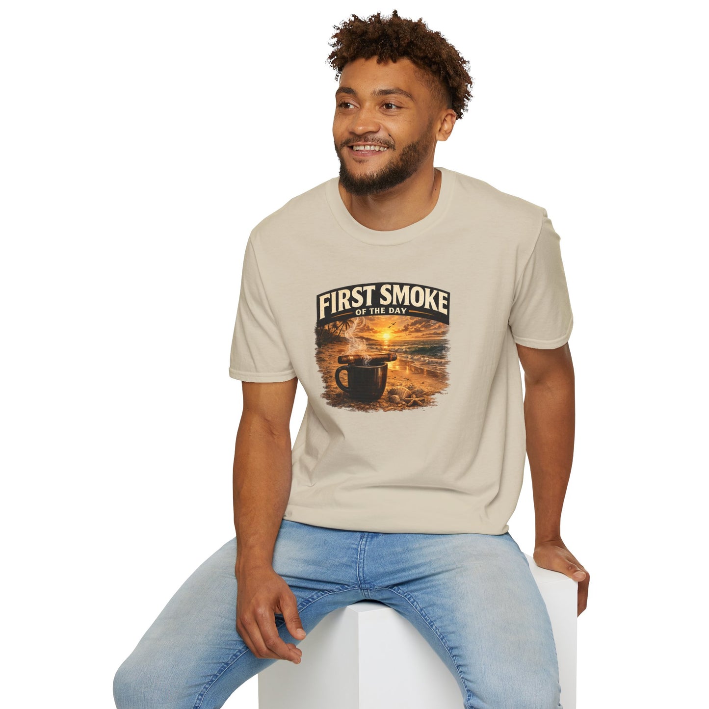 First Smoke of the Day T-Shirt – Cigar & Coffee Beach Sunrise Tee