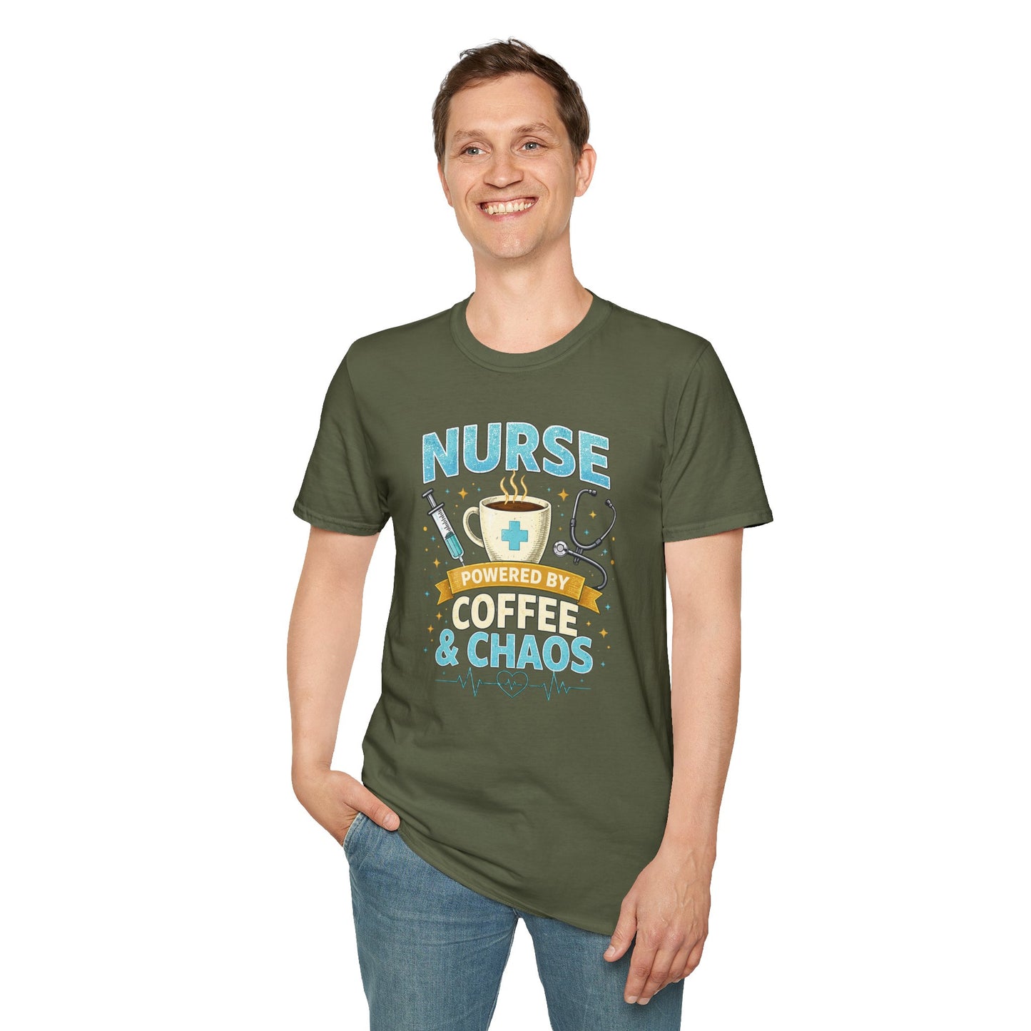 Nurse Powered by Coffee & Chaos Shirt, Funny Nurse Tee, RN CNA Gift, Nurse Life Graphic T-Shirt, Medical Worker Gift, Cute Nursing Shirt for Women Men