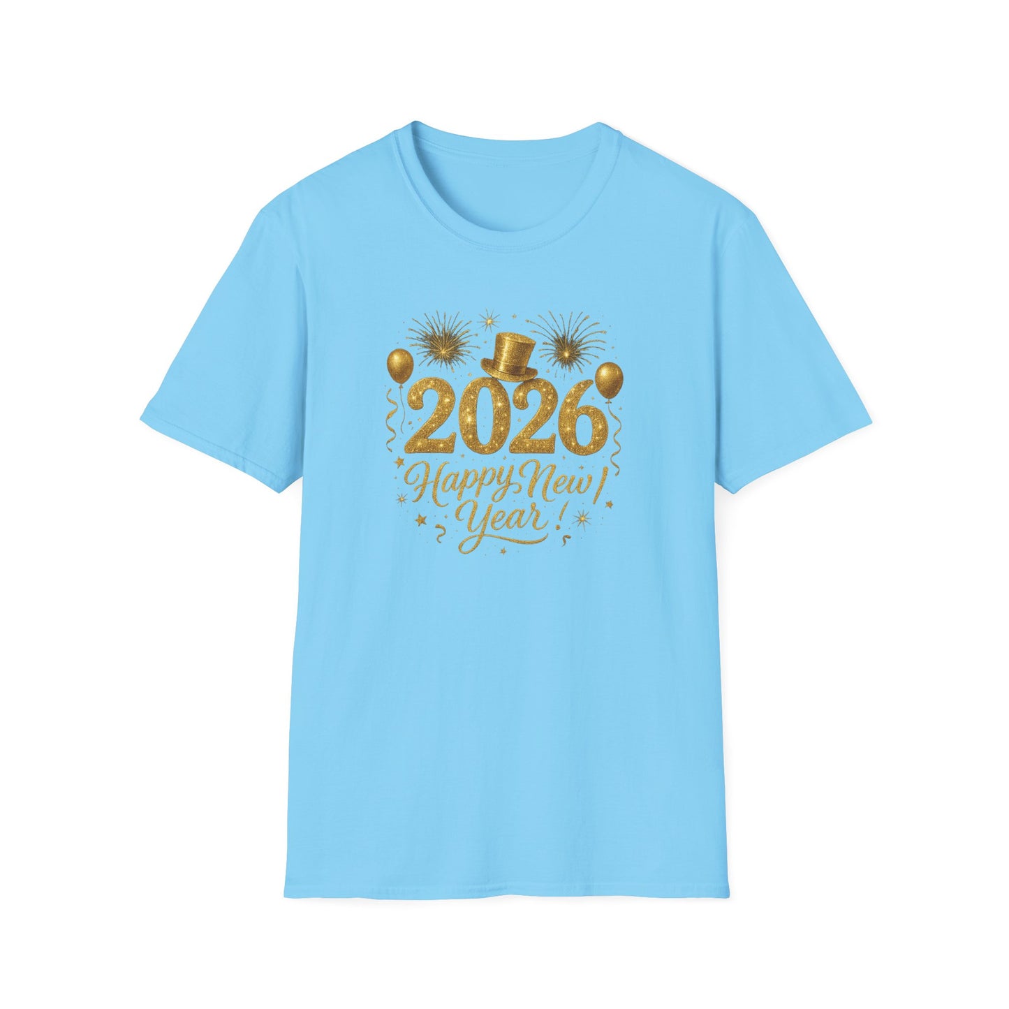 Happy New Year 2026 Gold Glitter T-Shirt – Sparkly New Year’s Eve Party Shirt, Festive 2026 NYE Tee with Fireworks & Balloons, Holiday Celebration Top