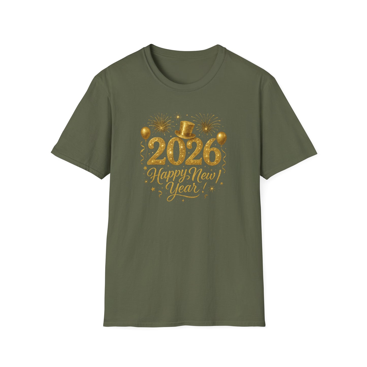 Happy New Year 2026 Gold Glitter T-Shirt – Sparkly New Year’s Eve Party Shirt, Festive 2026 NYE Tee with Fireworks & Balloons, Holiday Celebration Top