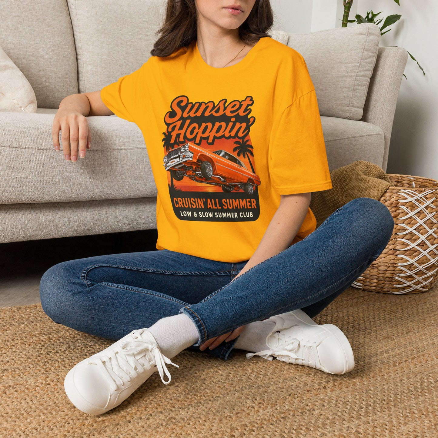Lowrider Summer Shirt, Sunset Hoppin Tee, Cruisin All Summer Graphic Shirt, Low and Slow Car Tee, Unisex Car Lover Gift