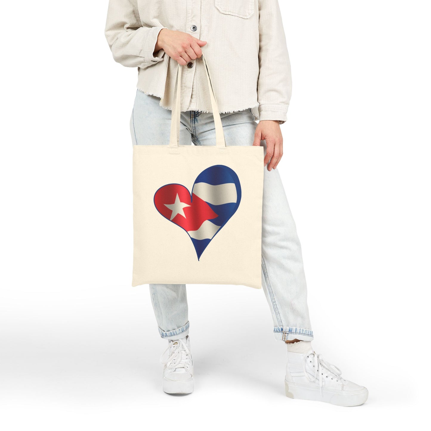 Cuba Flag Heart Tote Bag, Cotton Canvas Grocery Shopping Beach Handbag, Cuban Pride Gift, Patriotic Shoulder Bag, Reusable Eco-Friendly