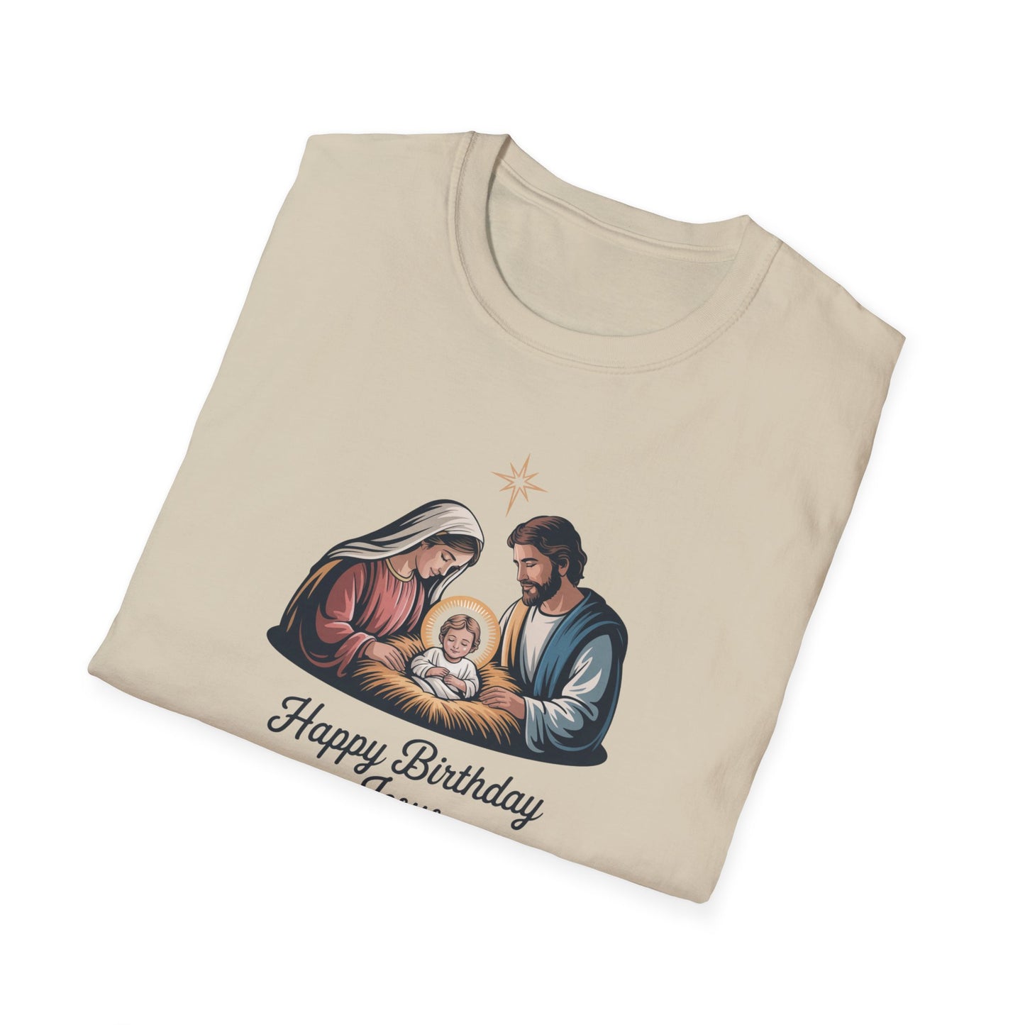 Happy Birthday Jesus Nativity T-Shirt – Christian Christmas Shirt with Mary Joseph & Baby Jesus, Faith Holiday Tee
