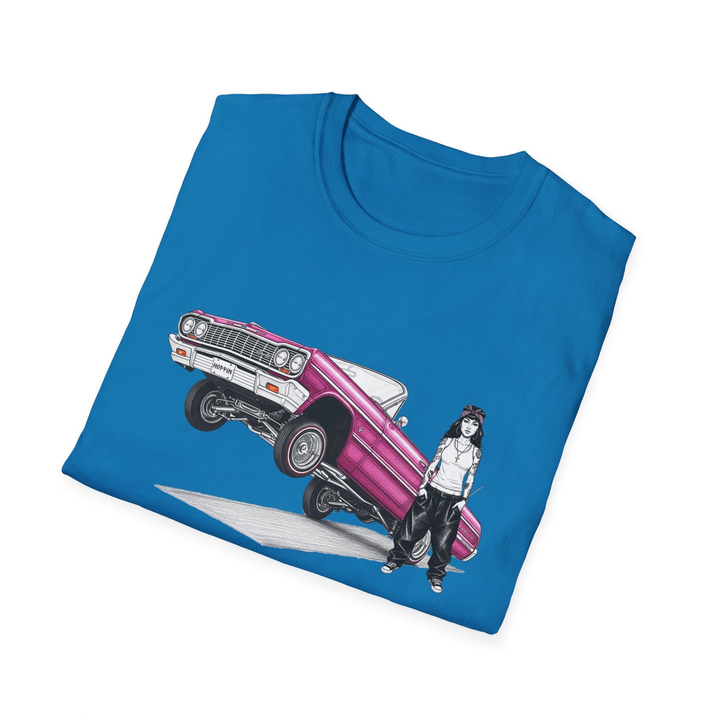 1964 Chevy Impala Hydraulics Lowrider Ink Drawing T-Shirt - Old School Hip Hop Cholo Art Tee Design - Chicano Car Club Graphic Tee