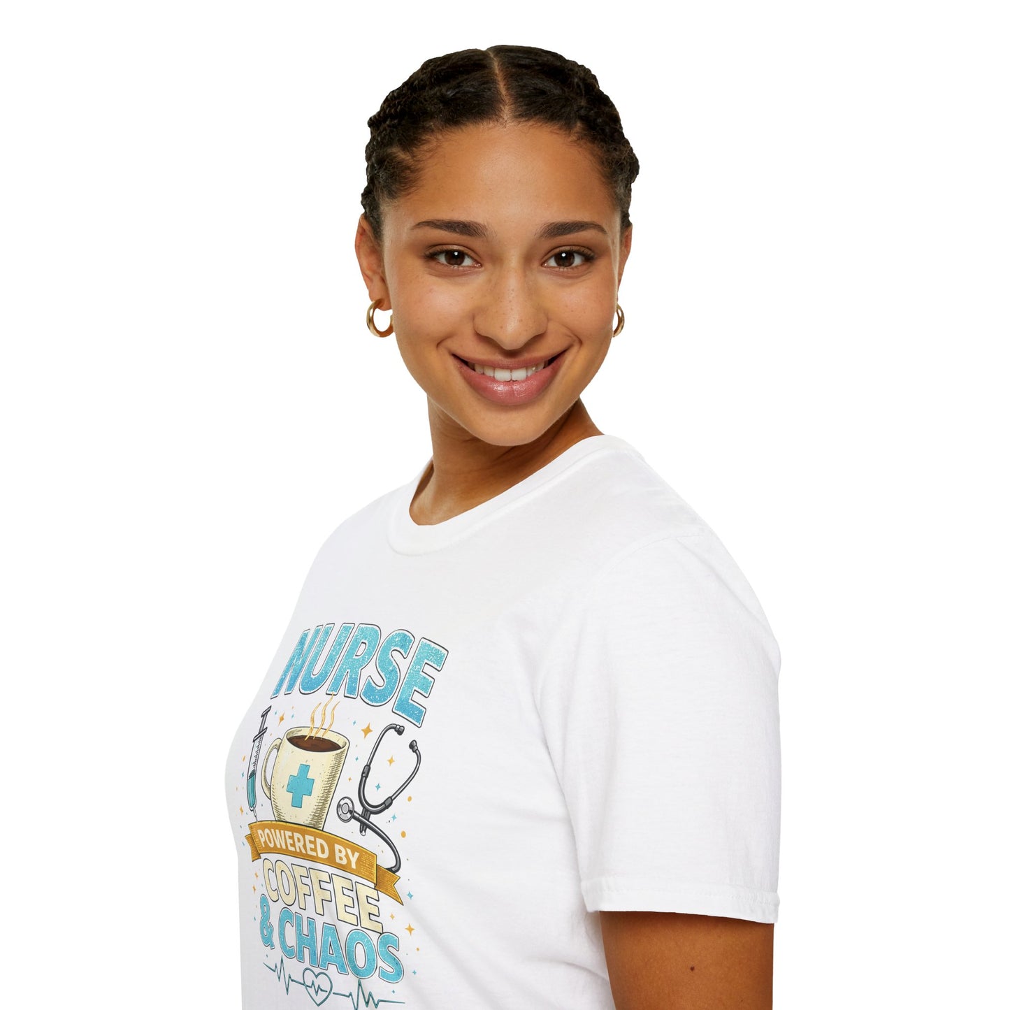 Nurse Powered by Coffee & Chaos Shirt, Funny Nurse Tee, RN CNA Gift, Nurse Life Graphic T-Shirt, Medical Worker Gift, Cute Nursing Shirt for Women Men